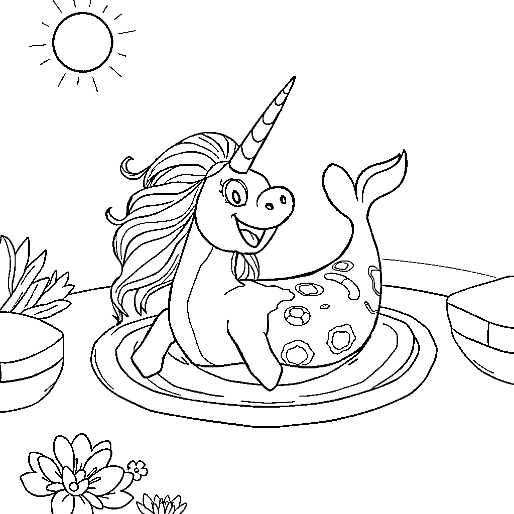 Unicorn playing happily in the pond Coloring Page (free black-and-white line drawing printable PDF for all, from beginners to advanced learners, including children, teens, adults, and seniors)