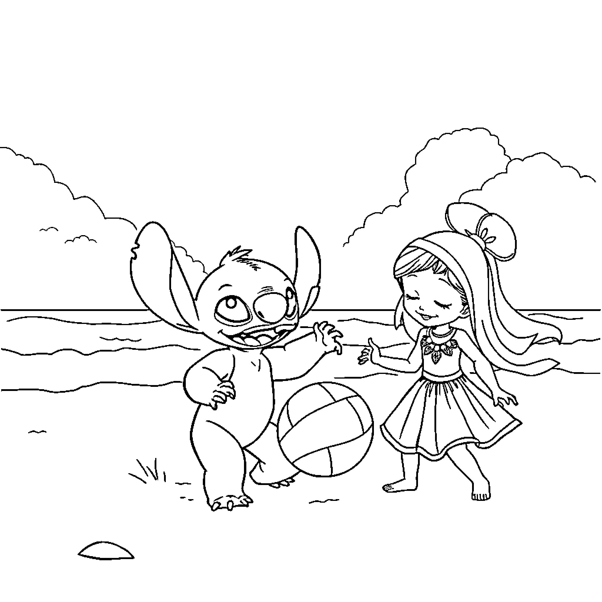 Stitch and Girl Playing at the Beach Coloring Page (free black-and-white line drawing printable PDF for all, from beginners to advanced learners, including children, teens, adults, and seniors)