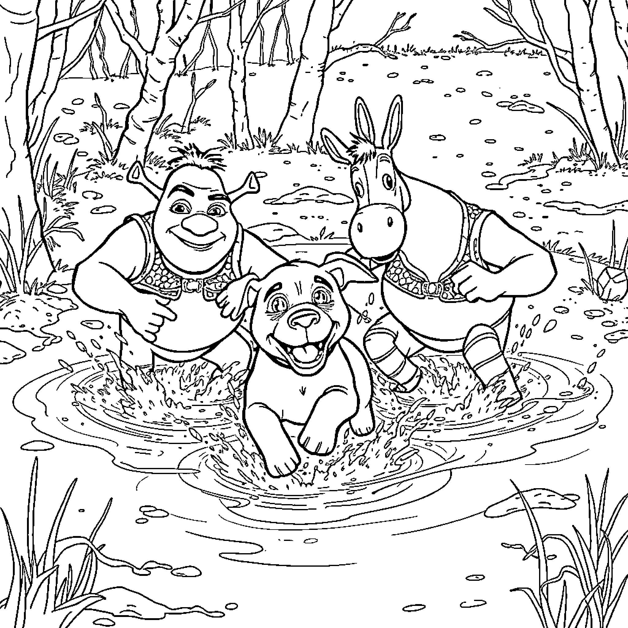 Shrek and friends enjoying a playful puddle adventure Coloring Page (free black-and-white line drawing printable PDF for all, from beginners to advanced learners, including children, teens, adults, and seniors)