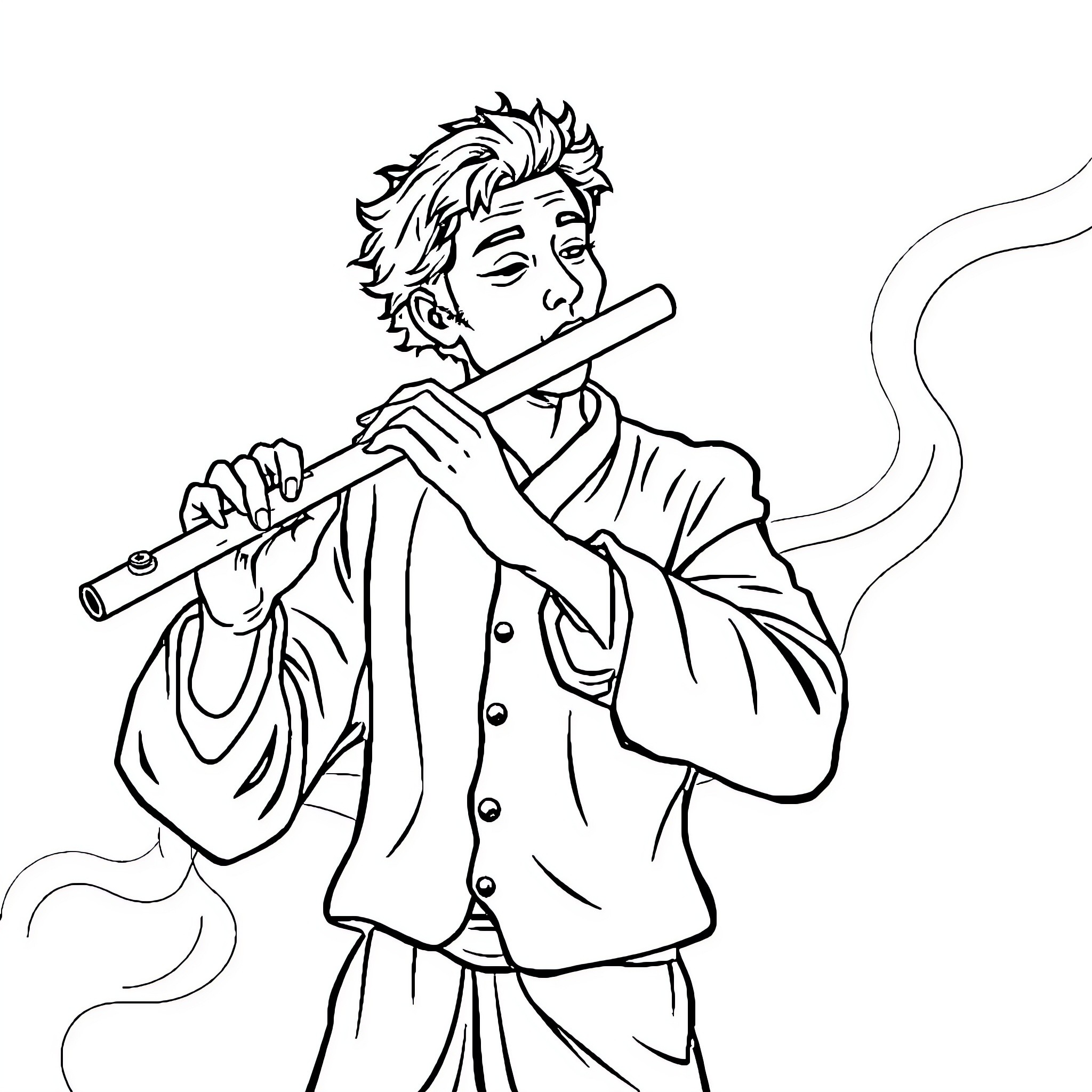 Flute Player Performing on Stage Coloring Page (free black-and-white line drawing printable PDF for all, from beginners to advanced learners, including children, teens, adults, and seniors)