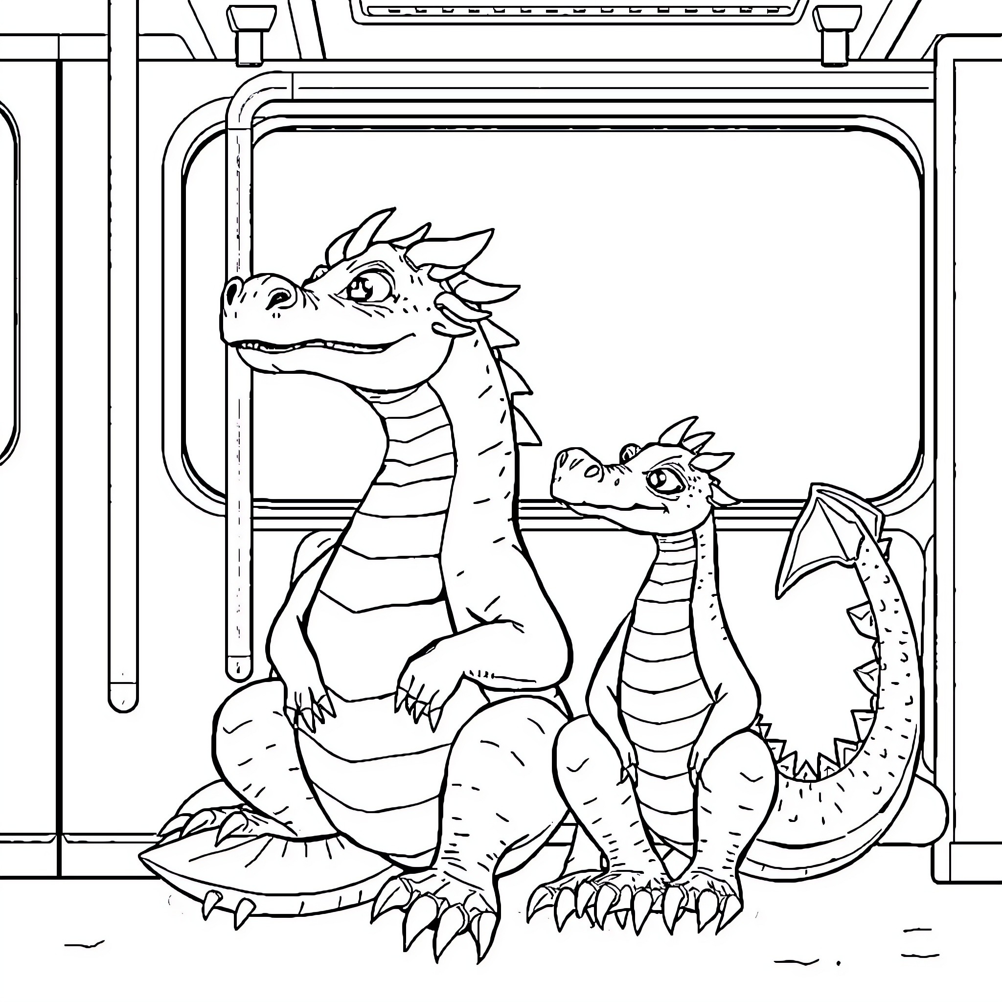 Dragon siblings in futuristic vehicle Coloring Page (free black-and-white line drawing printable PDF for all, from beginners to advanced learners, including children, teens, adults, and seniors)