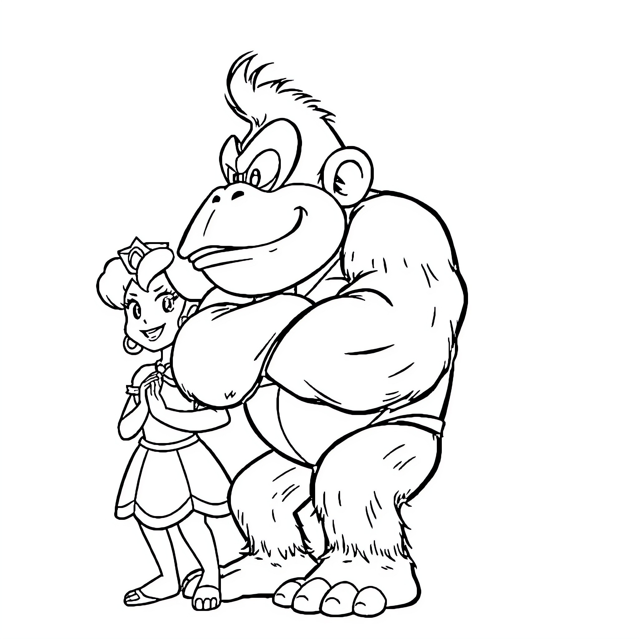 Donkey Kong carrying a young girl character Coloring Page (free black-and-white line drawing printable PDF for all, from beginners to advanced learners, including children, teens, adults, and seniors)