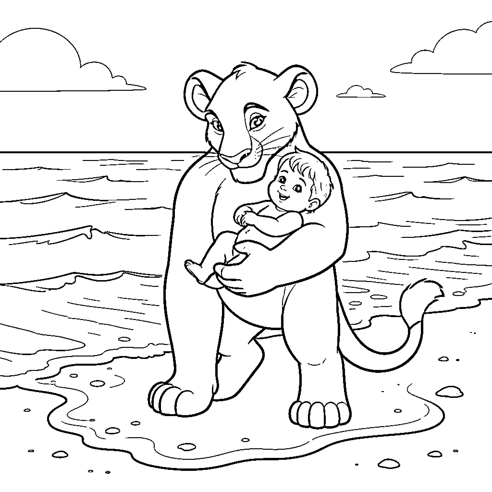 Simba hugging a baby on the beach Coloring Page (free black-and-white line drawing printable PDF for all, from beginners to advanced learners, including children, teens, adults, and seniors)