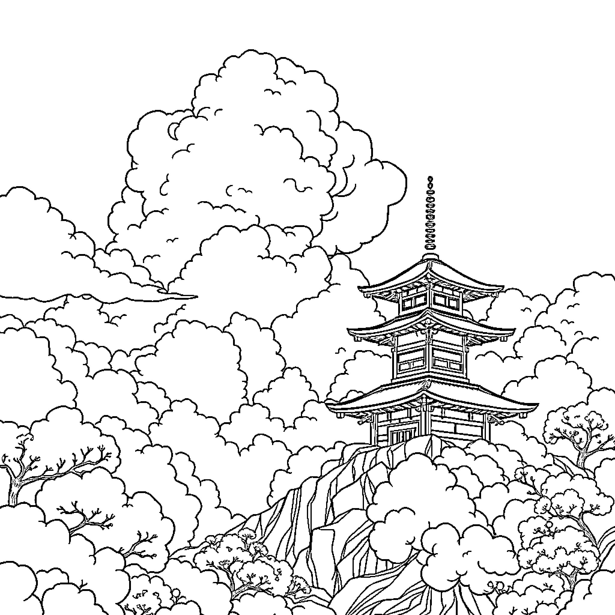 Sangoku - Pagoda in the Cloudy Landscape Coloring Page (free black-and-white line drawing printable PDF for all, from beginners to advanced learners, including children, teens, adults, and seniors)