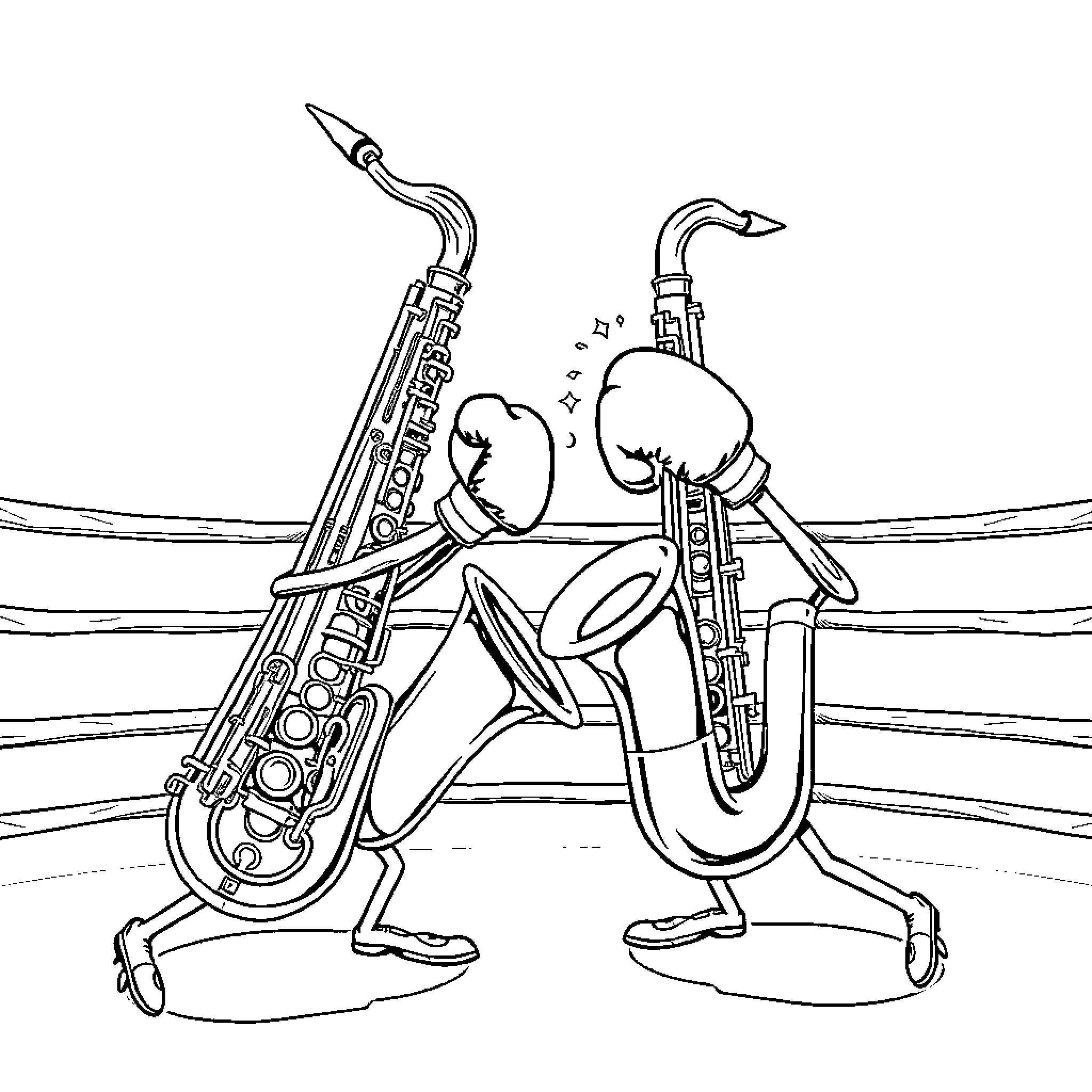 Saxophone Players Performing Together on Stage Coloring Page (free black-and-white line drawing printable PDF for all, from beginners to advanced learners, including children, teens, adults, and seniors)
