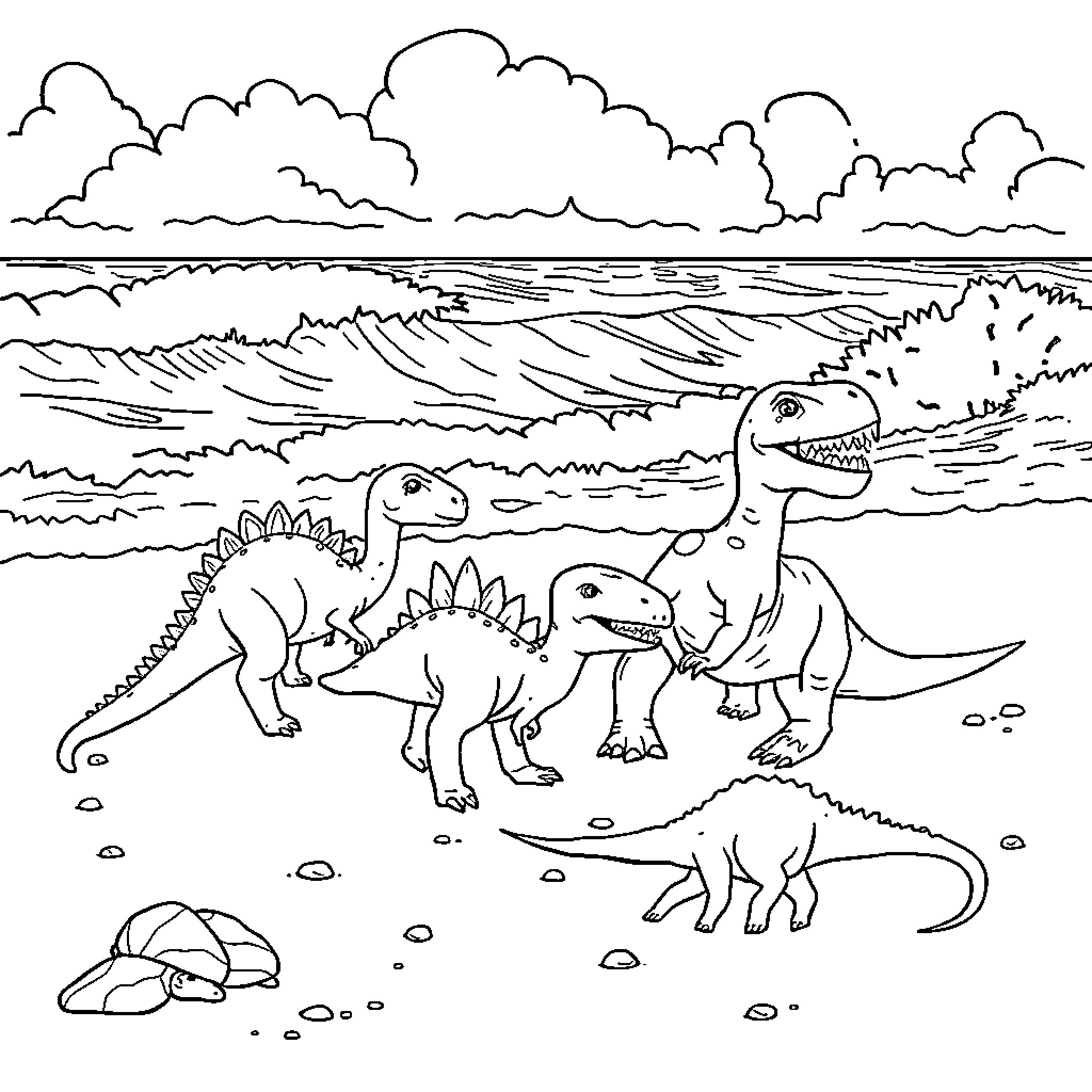 Dinosaurs roaming the prehistoric landscape Coloring Page (free black-and-white line drawing printable PDF for all, from beginners to advanced learners, including children, teens, adults, and seniors)