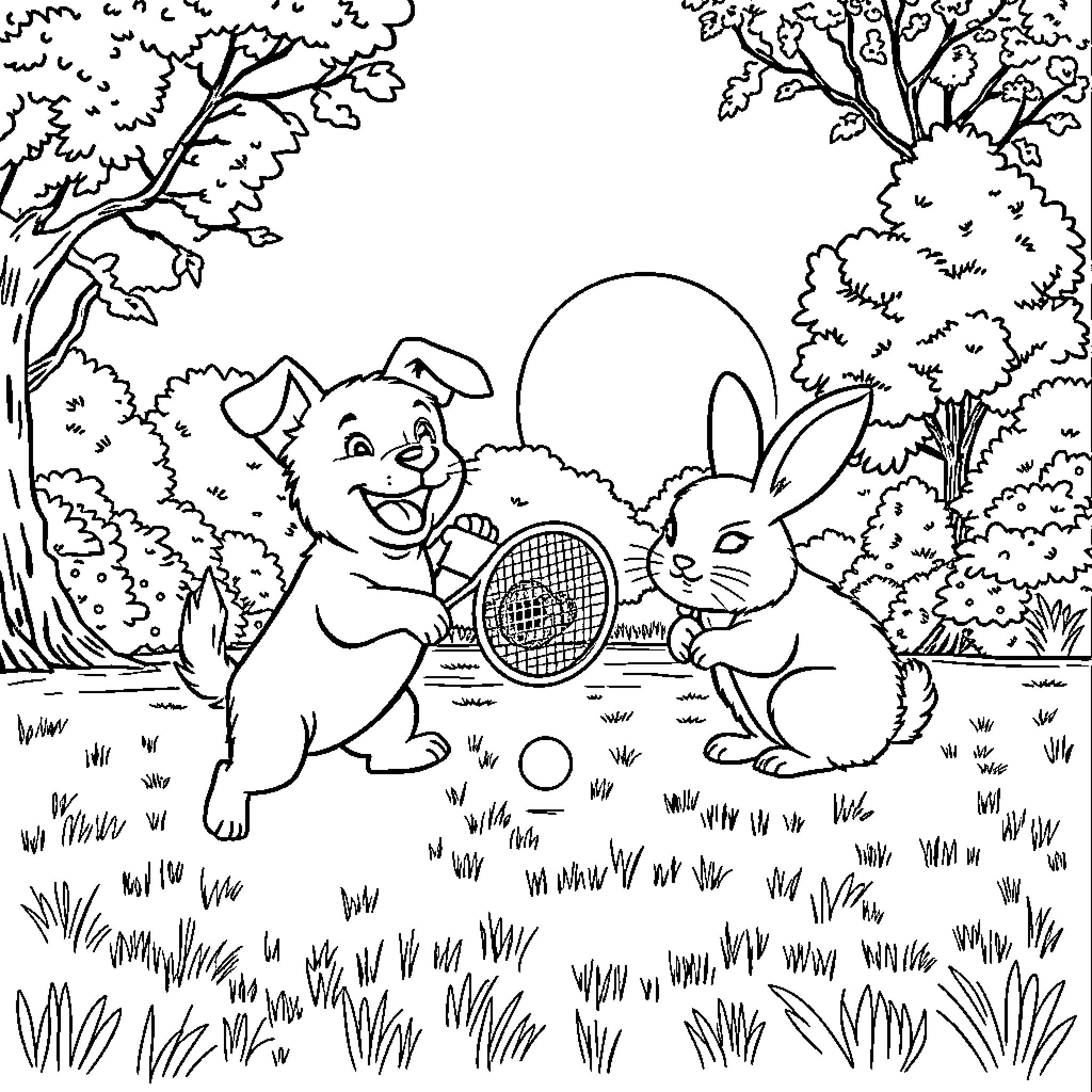 Dog and Rabbit Playing Tennis in the Park Coloring Page (free black-and-white line drawing printable PDF for all, from beginners to advanced learners, including children, teens, adults, and seniors)