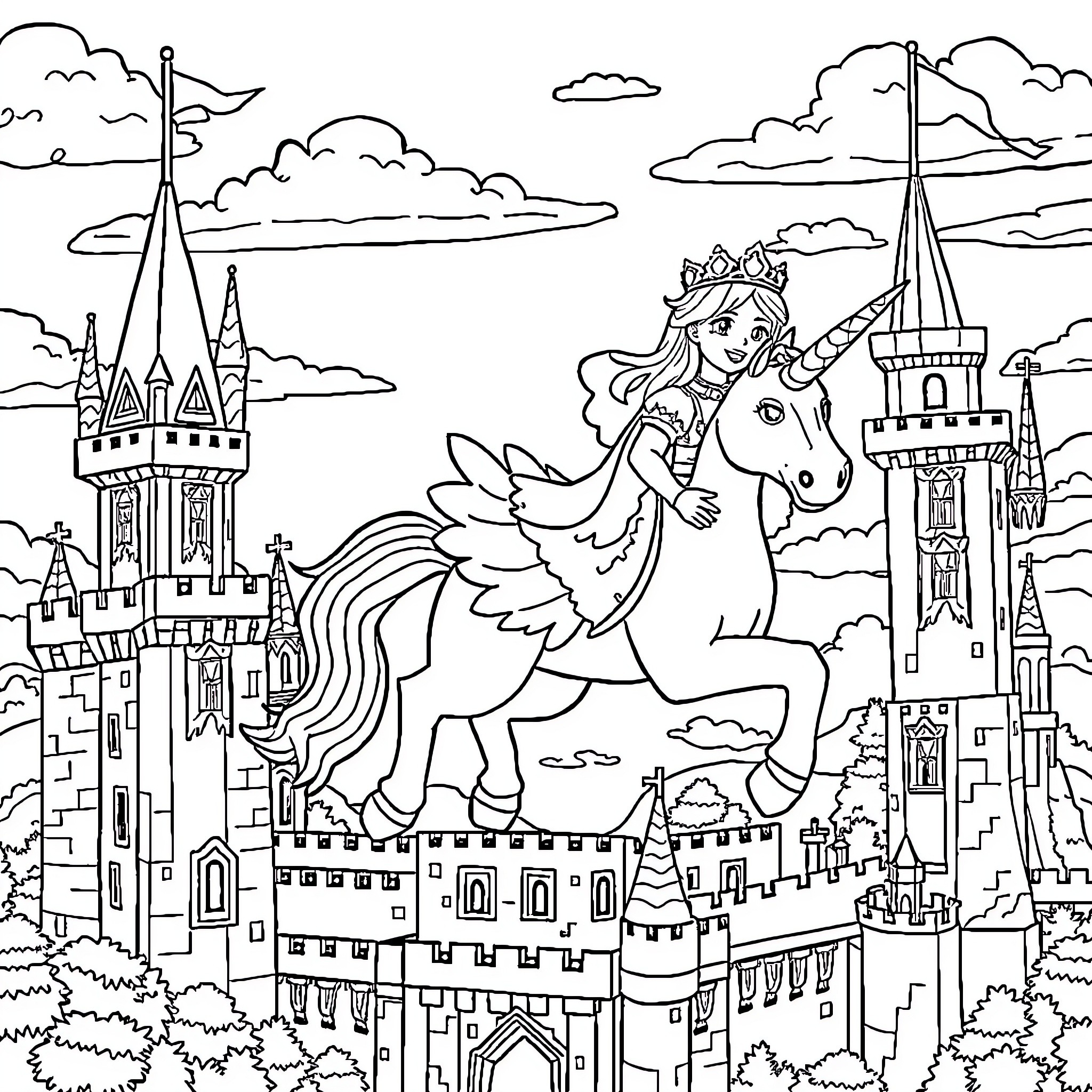 Princess riding a magical unicorn in a fantasy castle Coloring Page (free black-and-white line drawing printable PDF for all, from beginners to advanced learners, including children, teens, adults, and seniors)