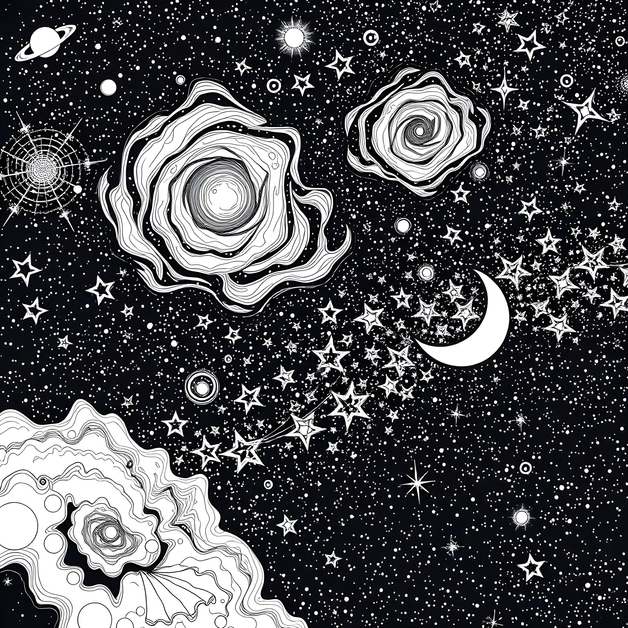 Galaxy of Swirling Cosmic Wonders Coloring Page (free black-and-white line drawing printable PDF for all, from beginners to advanced learners, including children, teens, adults, and seniors)