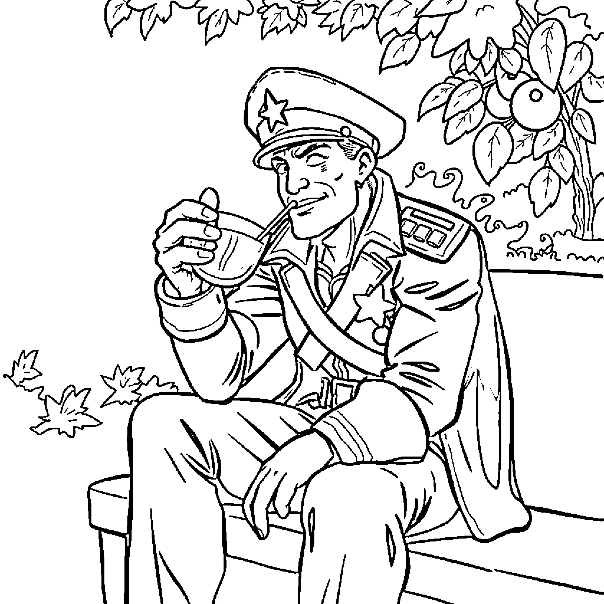 Captain America Relaxing in Nature Coloring Page (free black-and-white line drawing printable PDF for all, from beginners to advanced learners, including children, teens, adults, and seniors)