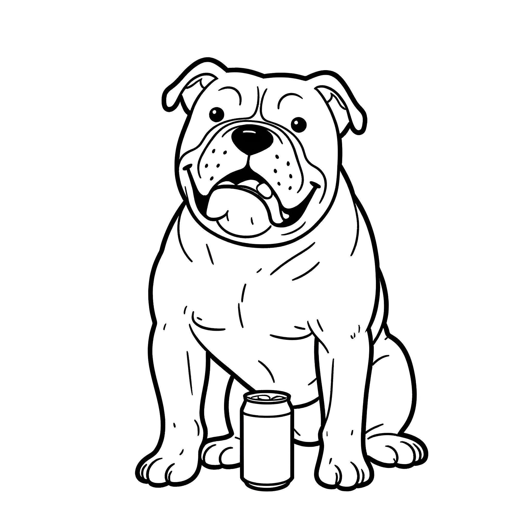 Bulldog sitting with a can Coloring Page (free black-and-white line drawing printable PDF for all, from beginners to advanced learners, including children, teens, adults, and seniors)