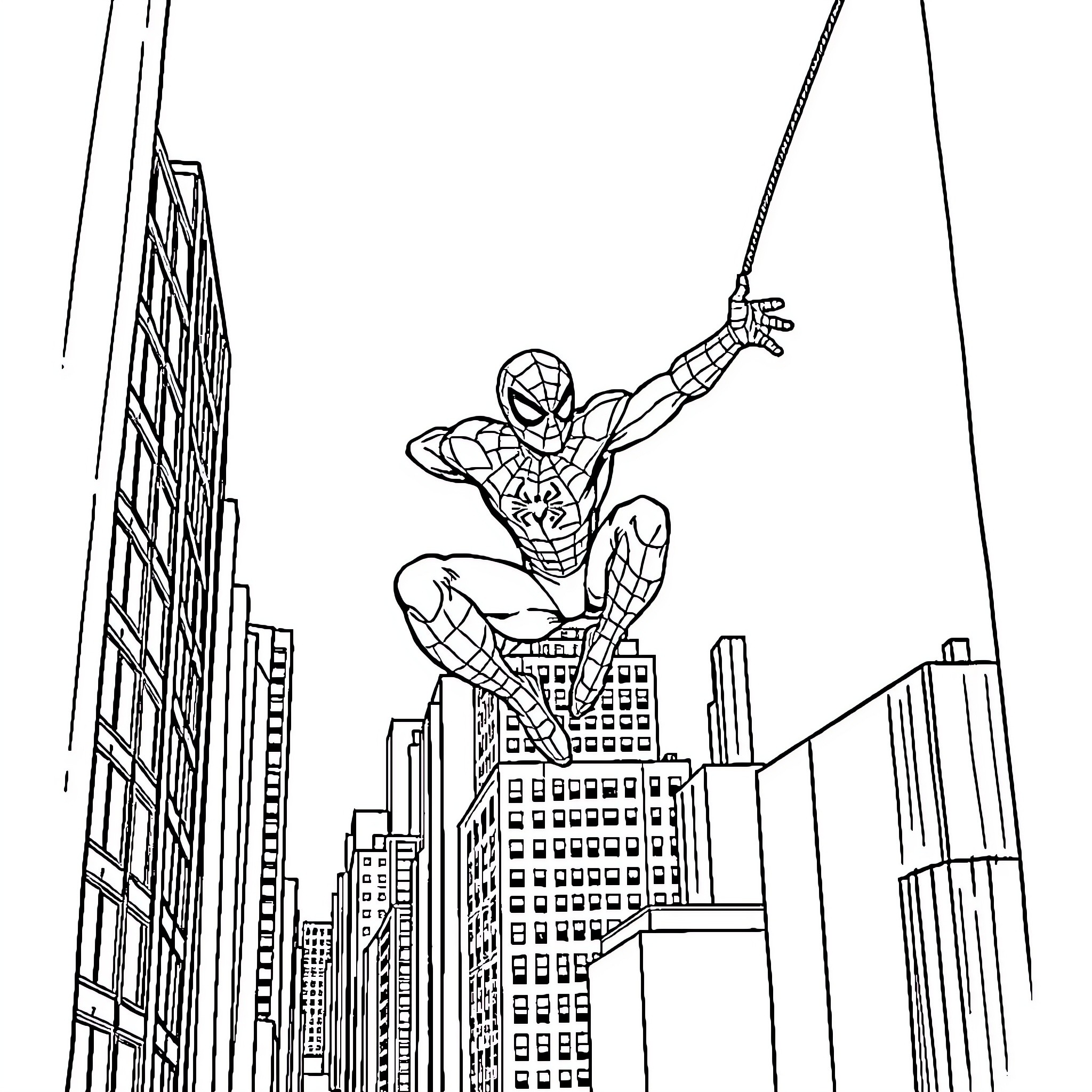 Spider-Man swinging through the city skyline Coloring Page (free black-and-white line drawing printable PDF for all, from beginners to advanced learners, including children, teens, adults, and seniors)
