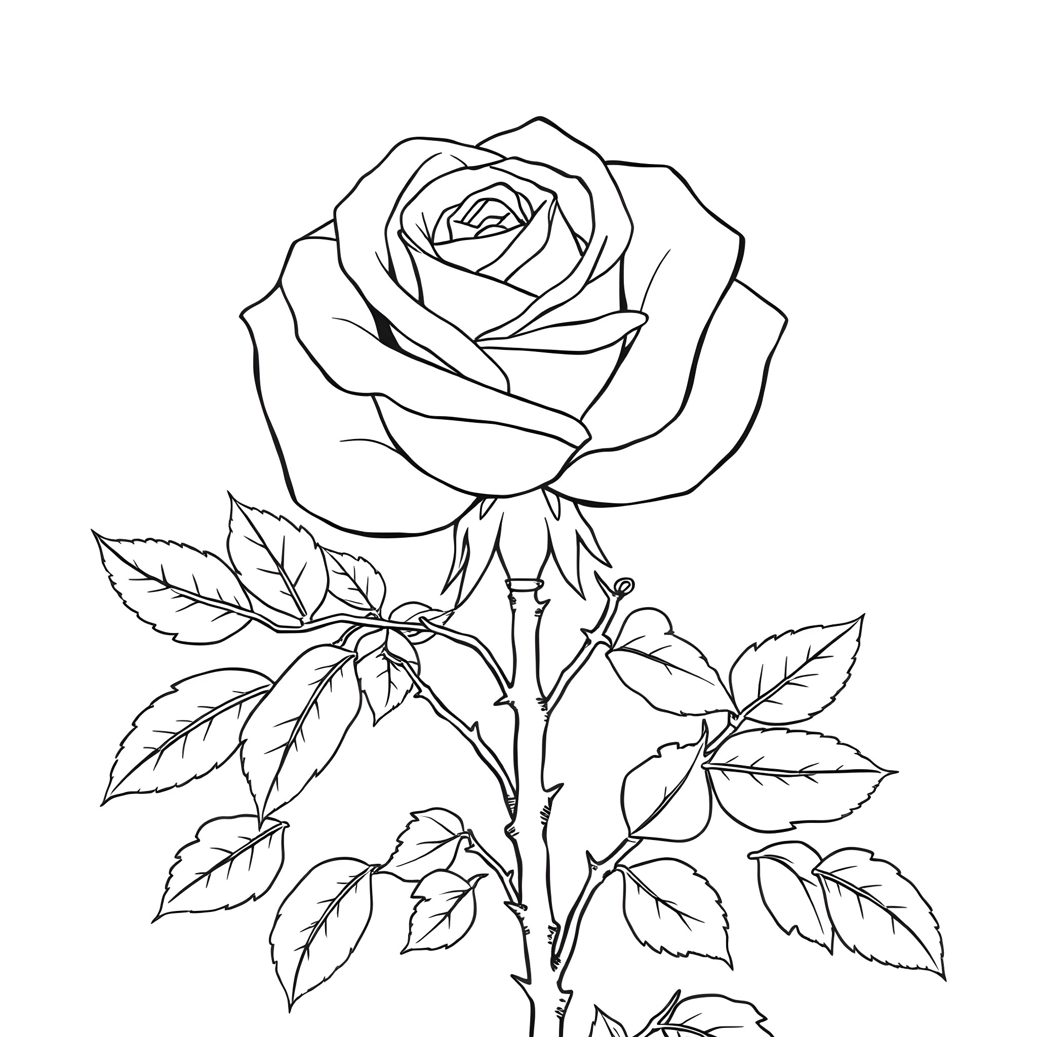 Rose in Bloom with Leaves Coloring Page (free black-and-white line drawing printable PDF for all, from beginners to advanced learners, including children, teens, adults, and seniors)