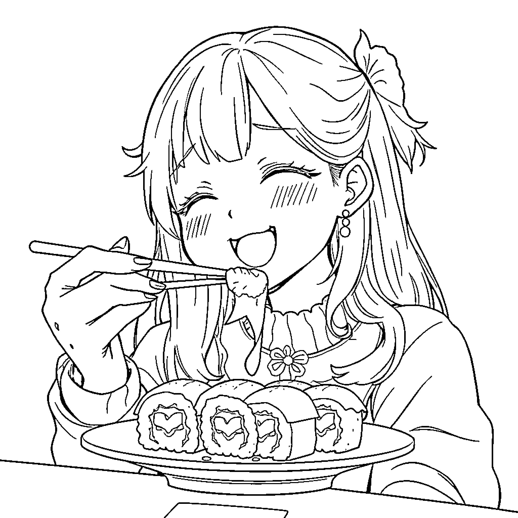 Rumi enjoying a delicious sushi meal Coloring Page (free black-and-white line drawing printable PDF for all, from beginners to advanced learners, including children, teens, adults, and seniors)