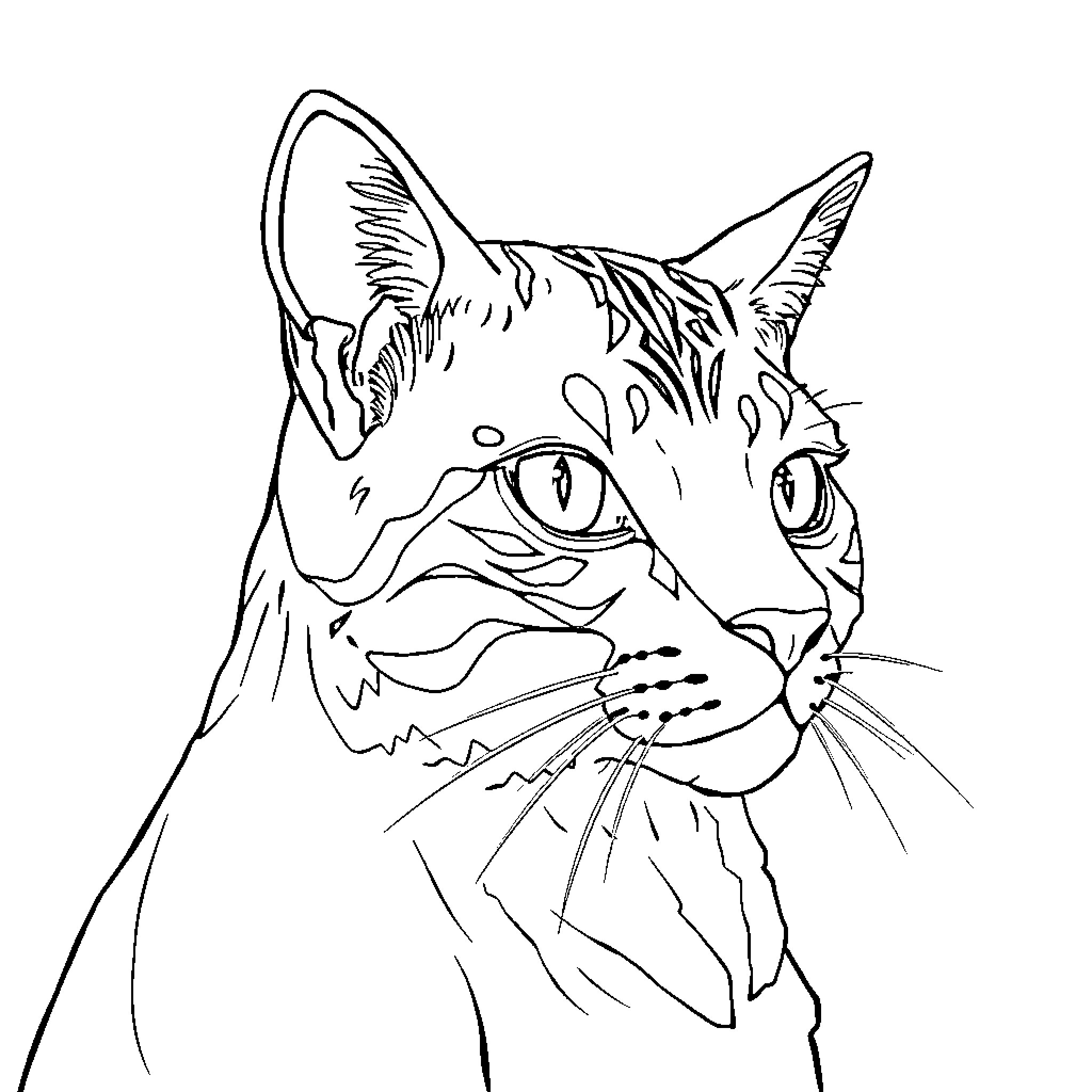 Heart Sketch of Curious Cat Coloring Page (free black-and-white line drawing printable PDF for all, from beginners to advanced learners, including children, teens, adults, and seniors)