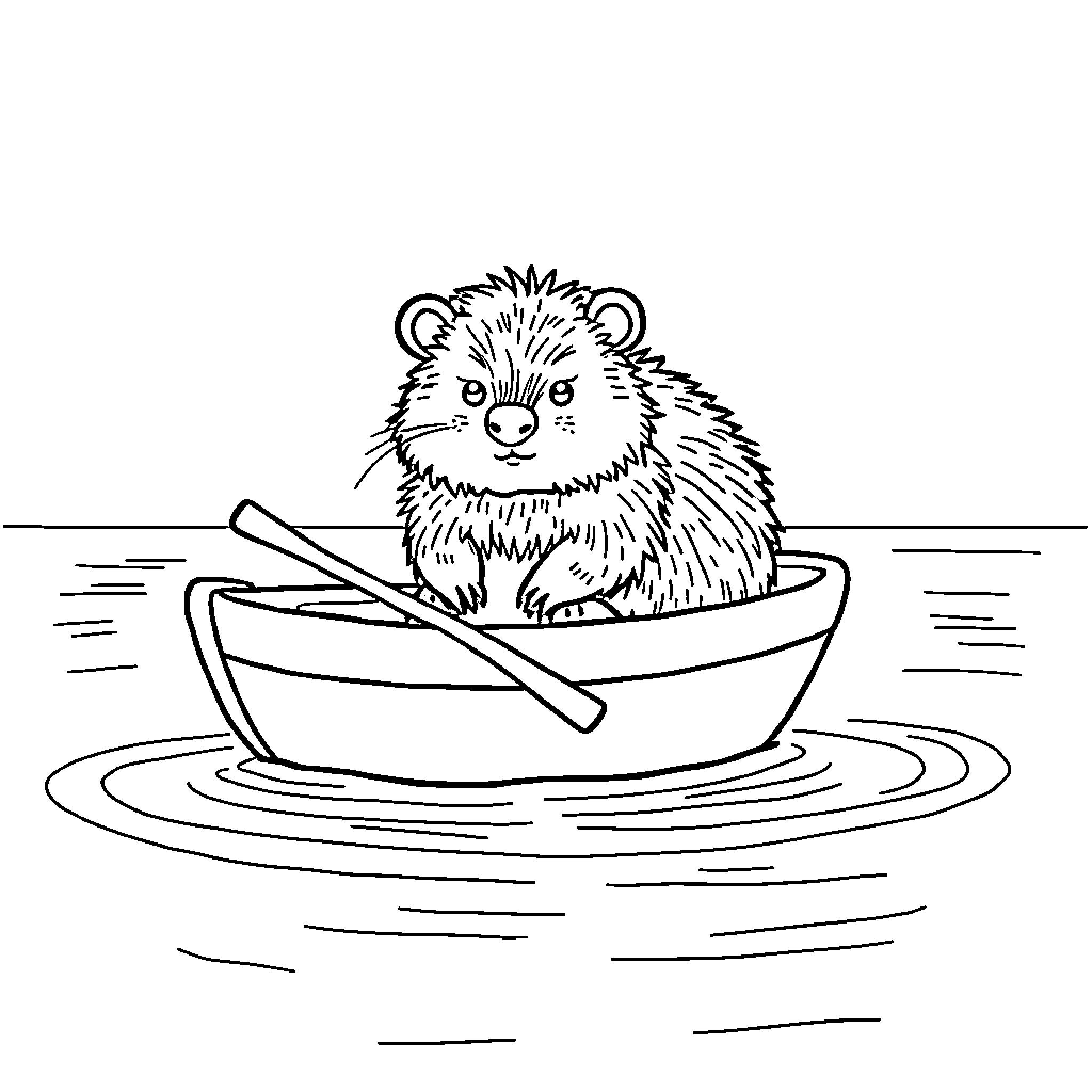 Wombat rowing a boat on the water Coloring Page (free black-and-white line drawing printable PDF for all, from beginners to advanced learners, including children, teens, adults, and seniors)