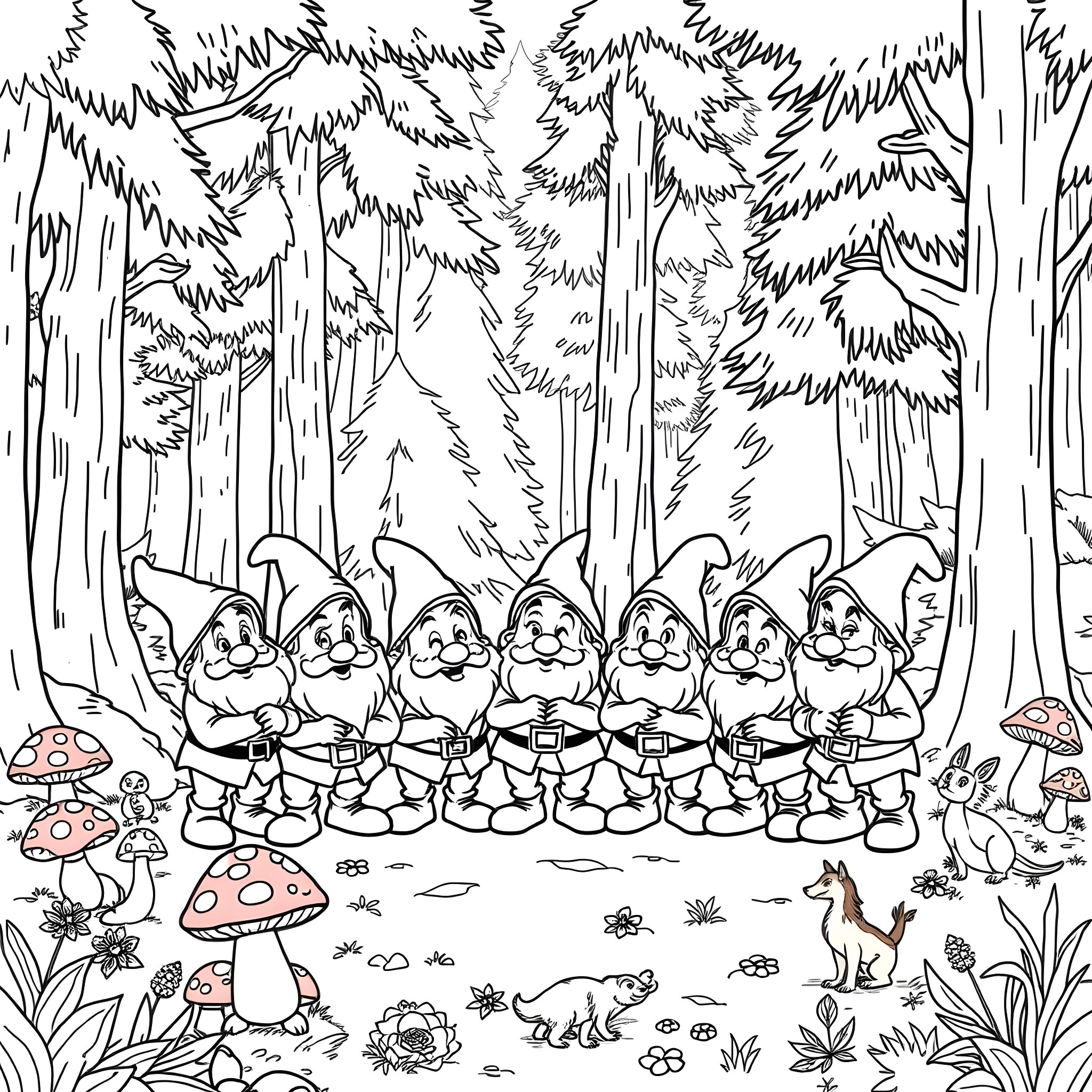 Dwarf gnomes having a gathering in the forest Coloring Page (free black-and-white line drawing printable PDF for all, from beginners to advanced learners, including children, teens, adults, and seniors)