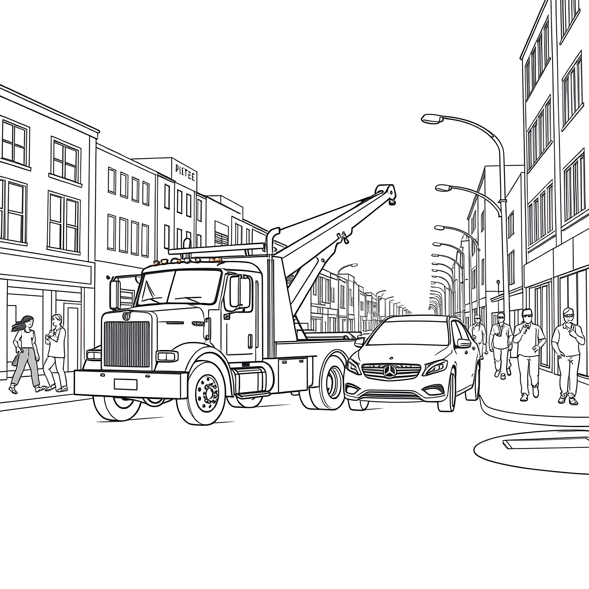 Tow Truck Assisting Stranded Motorist on City Street Coloring Page (free black-and-white line drawing printable PDF for all, from beginners to advanced learners, including children, teens, adults, and seniors)