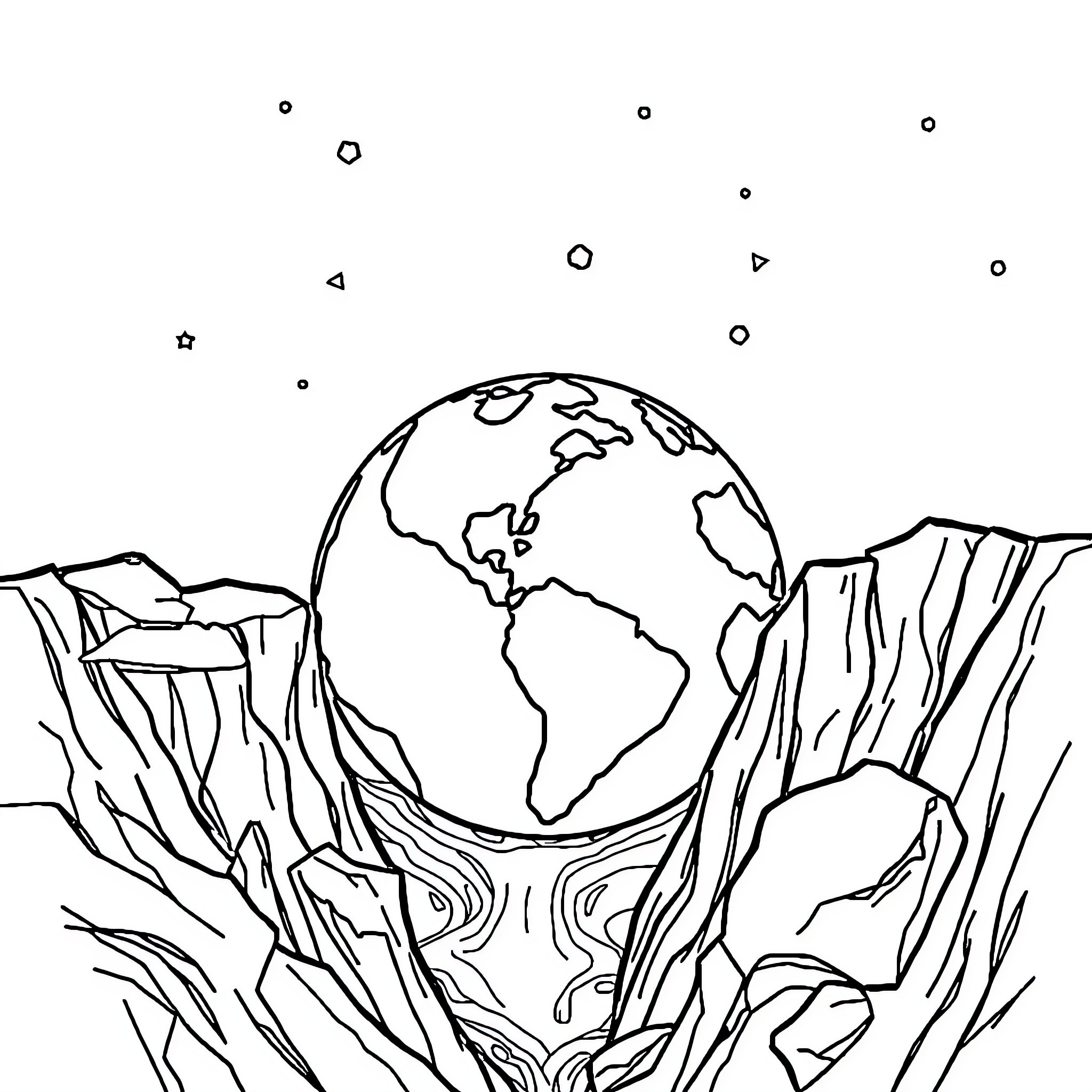Planeta - Outline of Earth amidst rocky terrain Coloring Page (free black-and-white line drawing printable PDF for all, from beginners to advanced learners, including children, teens, adults, and seniors)