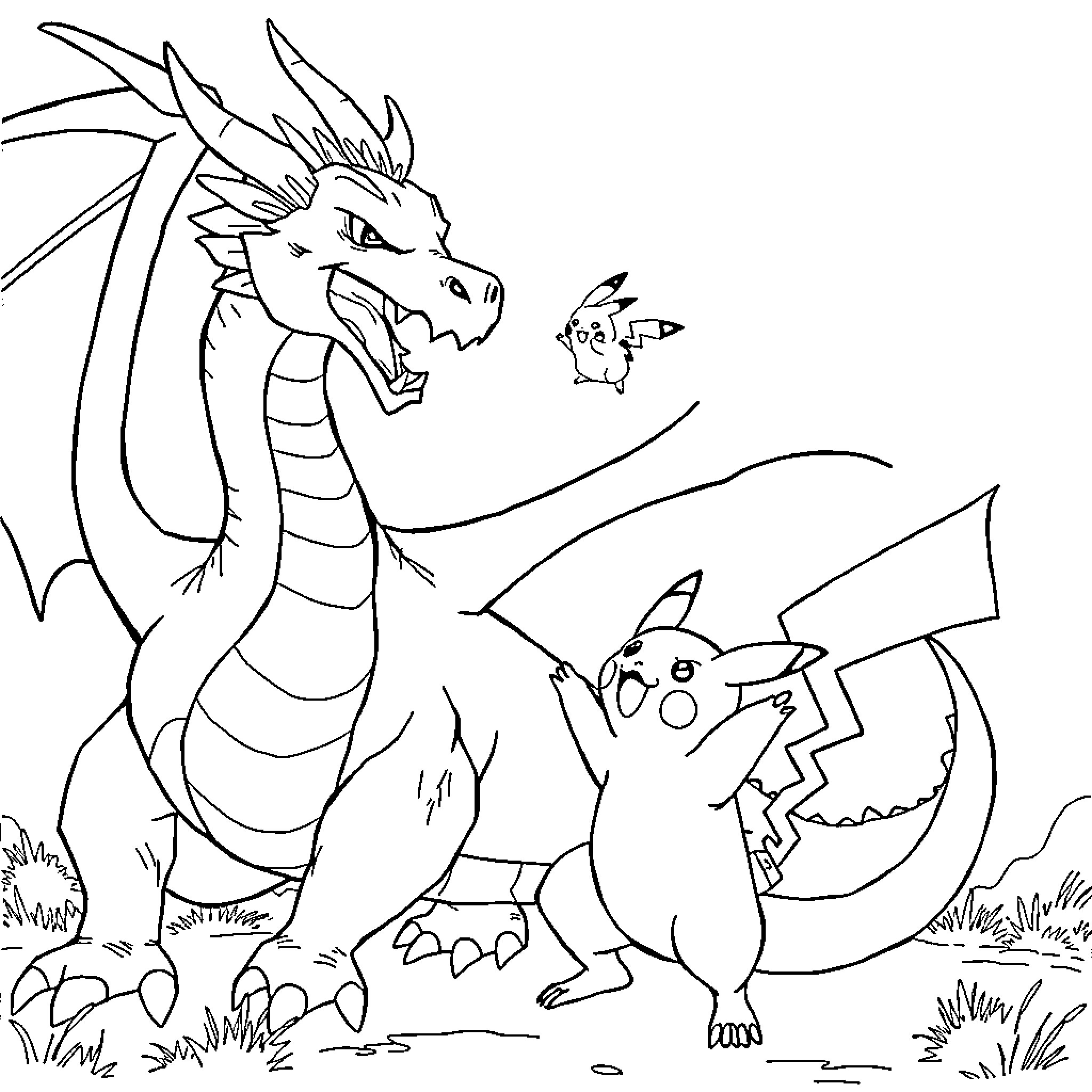 Dragon and Pokemon characters in confrontation Coloring Page (free black-and-white line drawing printable PDF for all, from beginners to advanced learners, including children, teens, adults, and seniors)