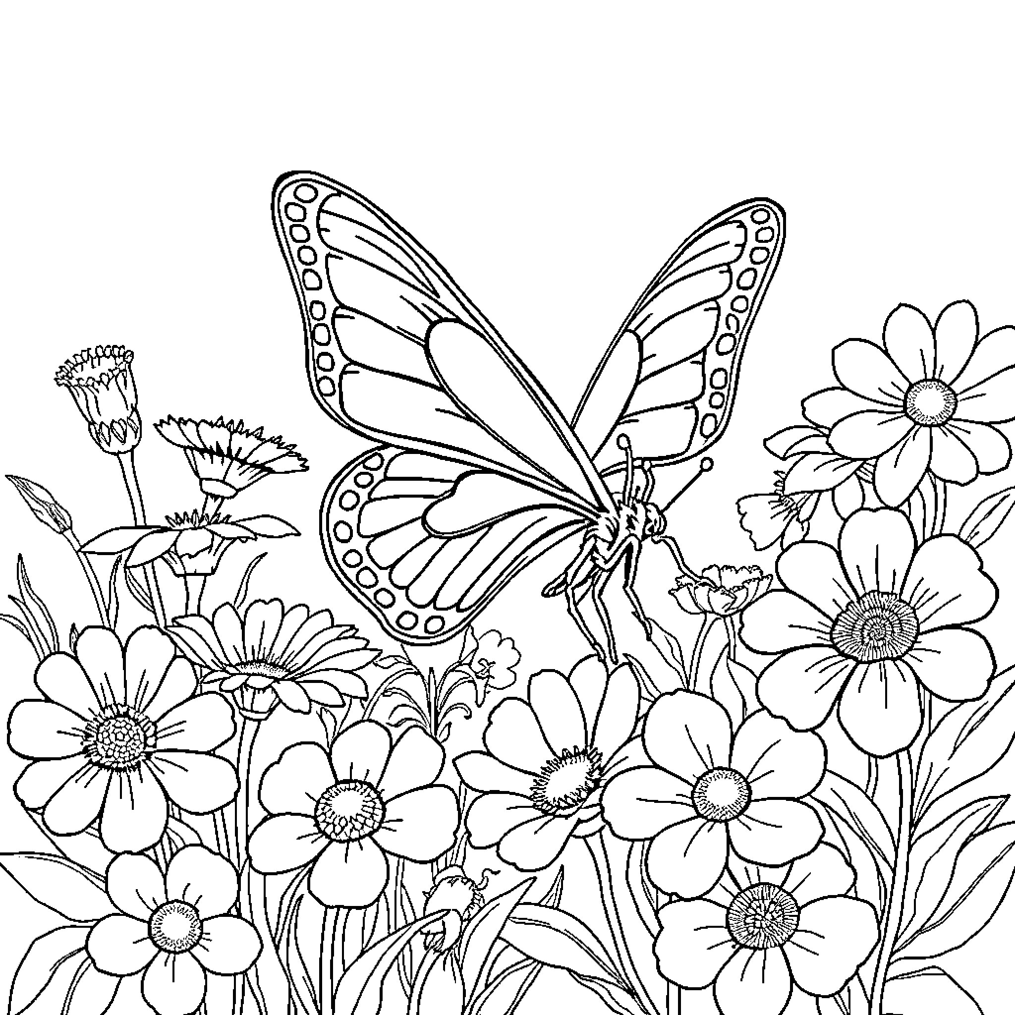 Butterfly exploring a flowery meadow Coloring Page (free black-and-white line drawing printable PDF for all, from beginners to advanced learners, including children, teens, adults, and seniors)
