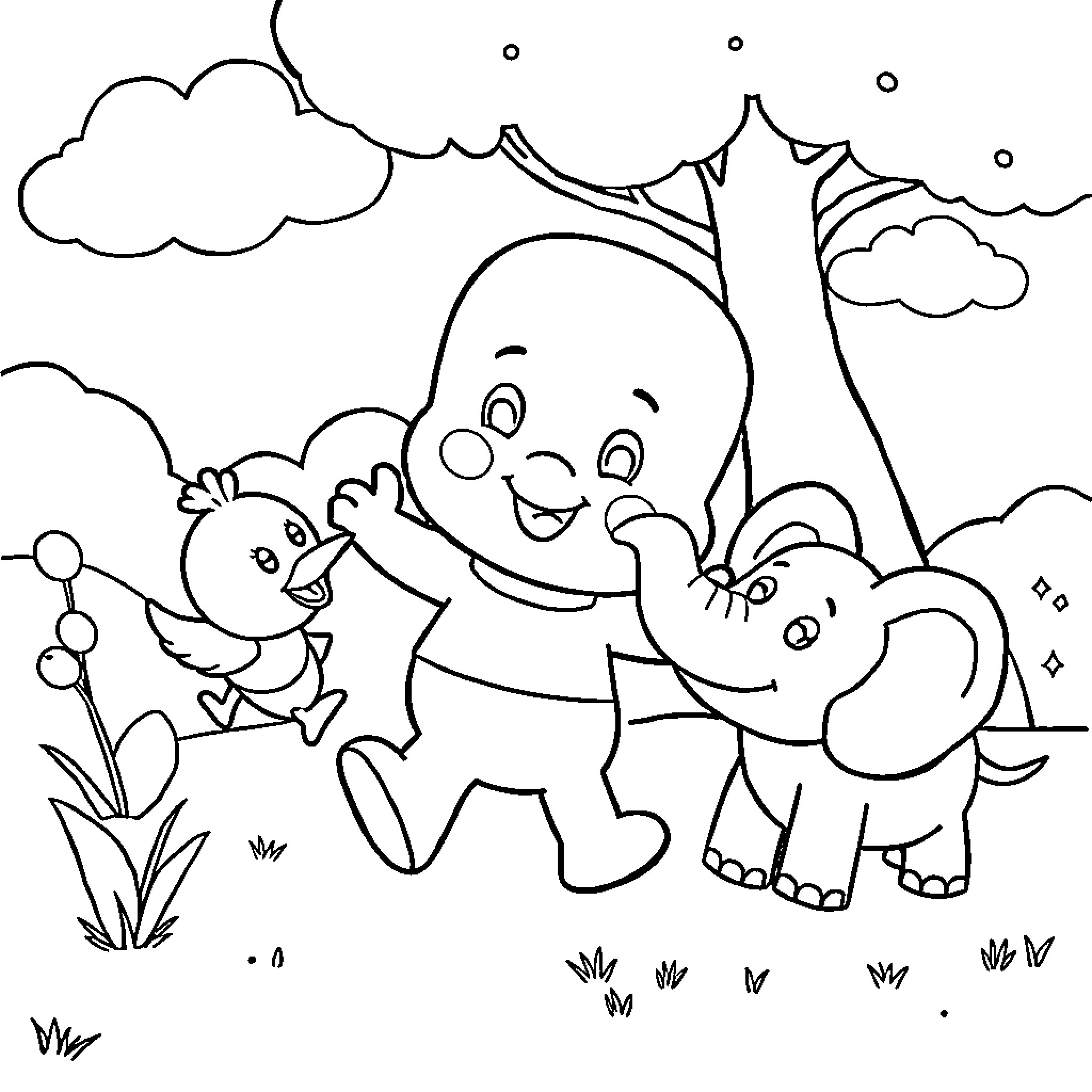 Pocoyo playing with animal friends in nature Coloring Page (free black-and-white line drawing printable PDF for all, from beginners to advanced learners, including children, teens, adults, and seniors)