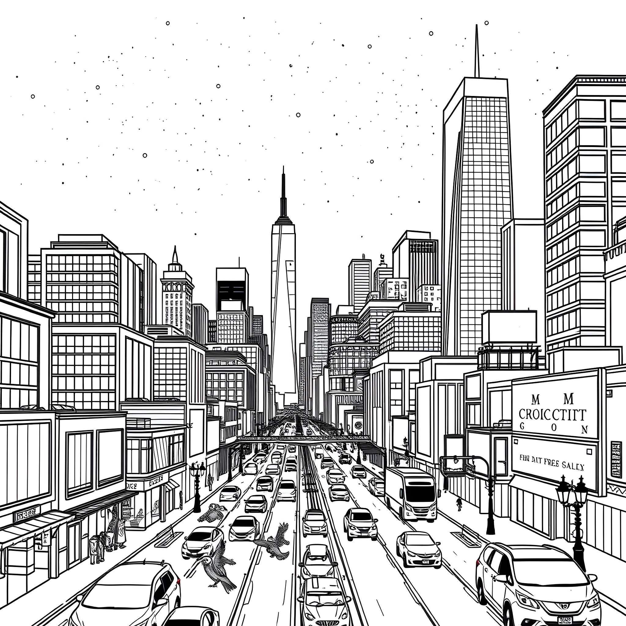 City Bustling with Traffic and Towering Buildings Coloring Page (free black-and-white line drawing printable PDF for all, from beginners to advanced learners, including children, teens, adults, and seniors)