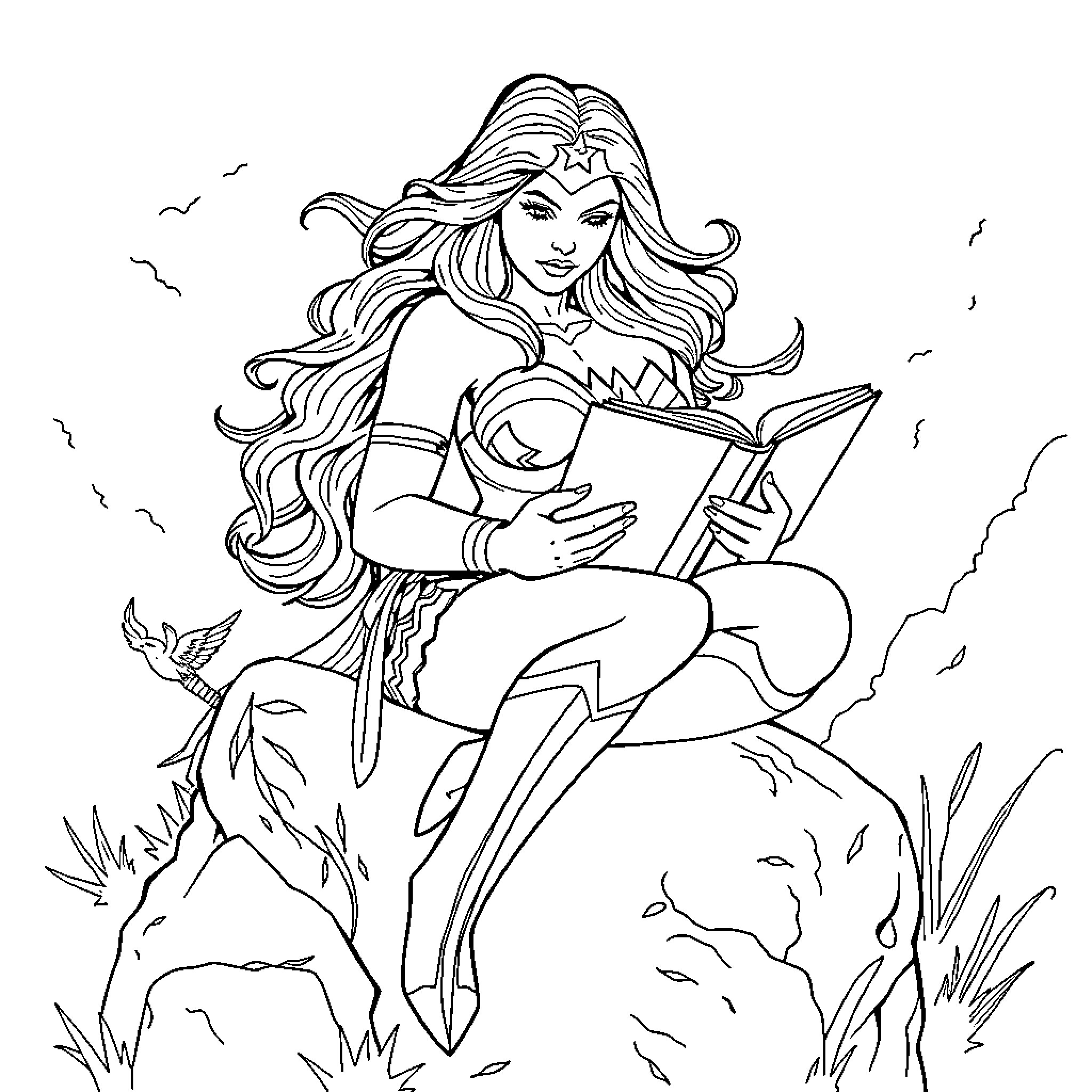 Wonderwoman reading an enchanted book in the wilderness Coloring Page (free black-and-white line drawing printable PDF for all, from beginners to advanced learners, including children, teens, adults, and seniors)