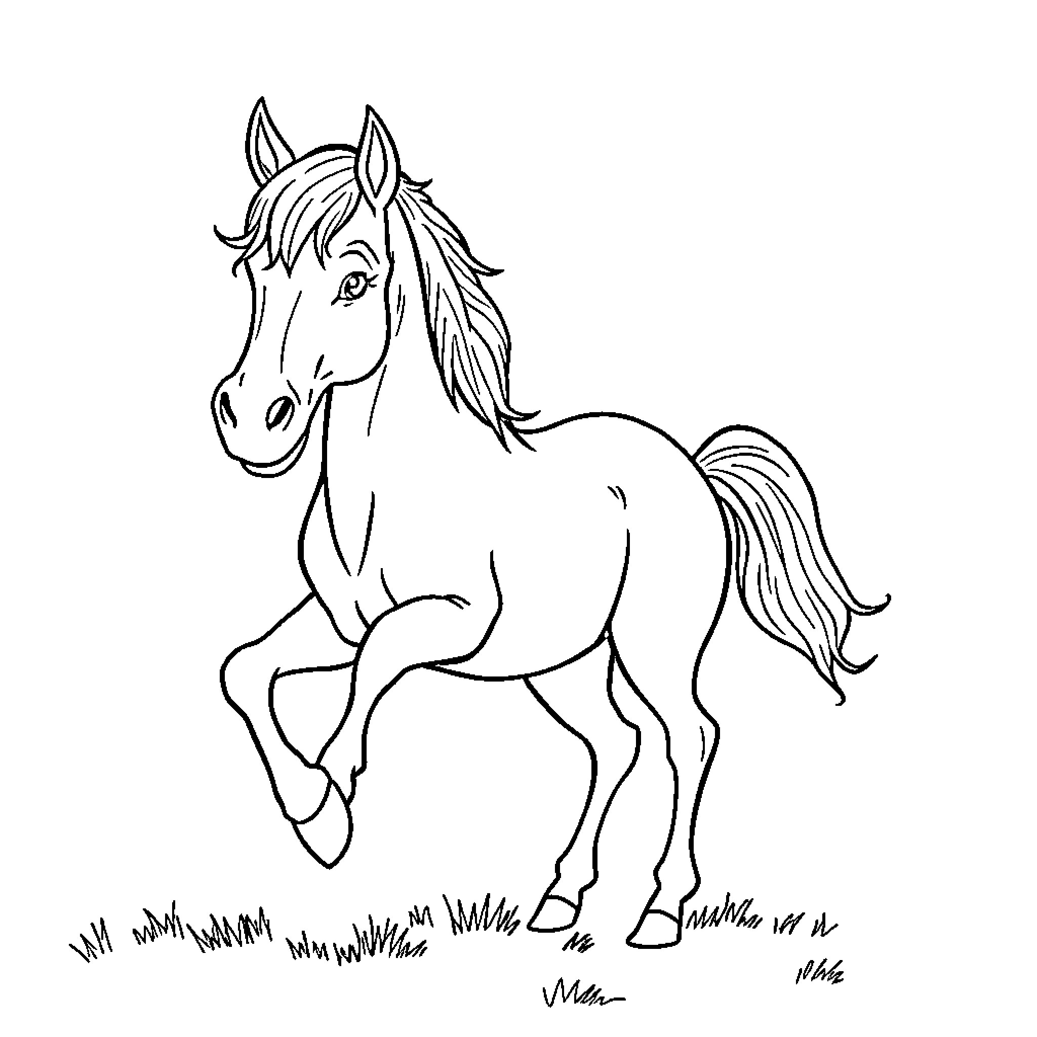 Caballo galloping through the meadow Coloring Page (free black-and-white line drawing printable PDF for all, from beginners to advanced learners, including children, teens, adults, and seniors)