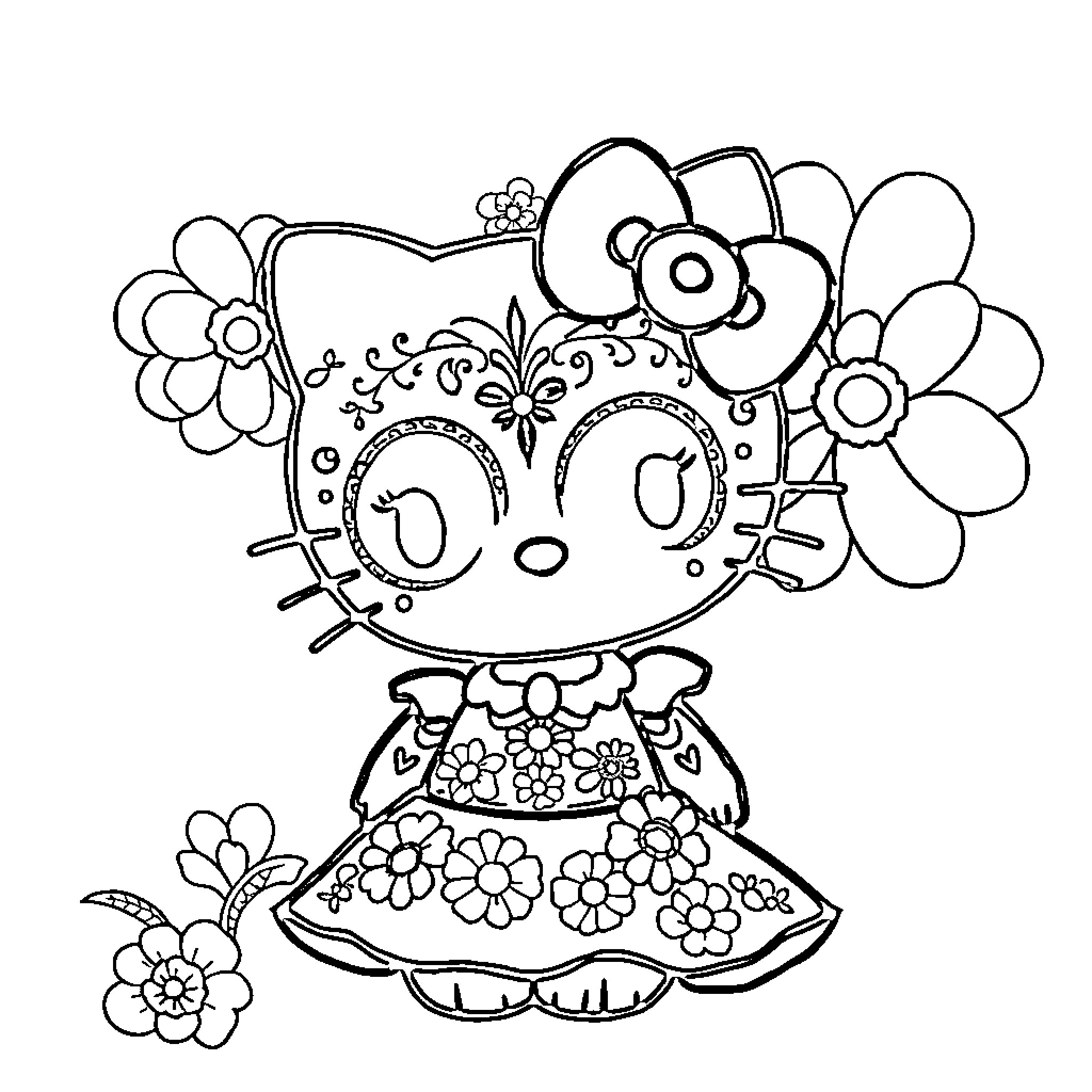 Hello Kitty's Floral Adventure Coloring Page (free black-and-white line drawing printable PDF for all, from beginners to advanced learners, including children, teens, adults, and seniors)