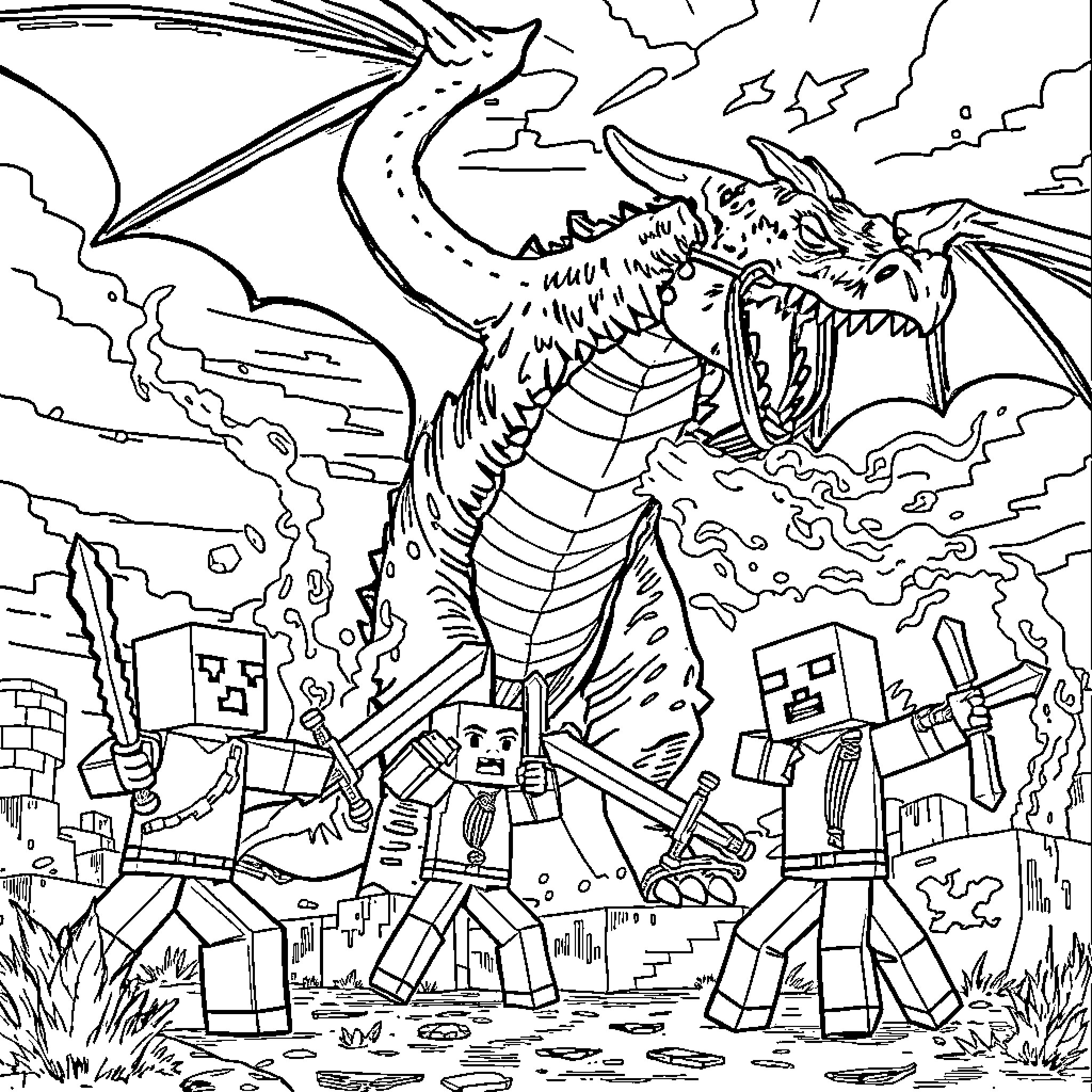 Ender Dragon Unleashing Destruction in a Blocky World Coloring Page (free black-and-white line drawing printable PDF for all, from beginners to advanced learners, including children, teens, adults, and seniors)