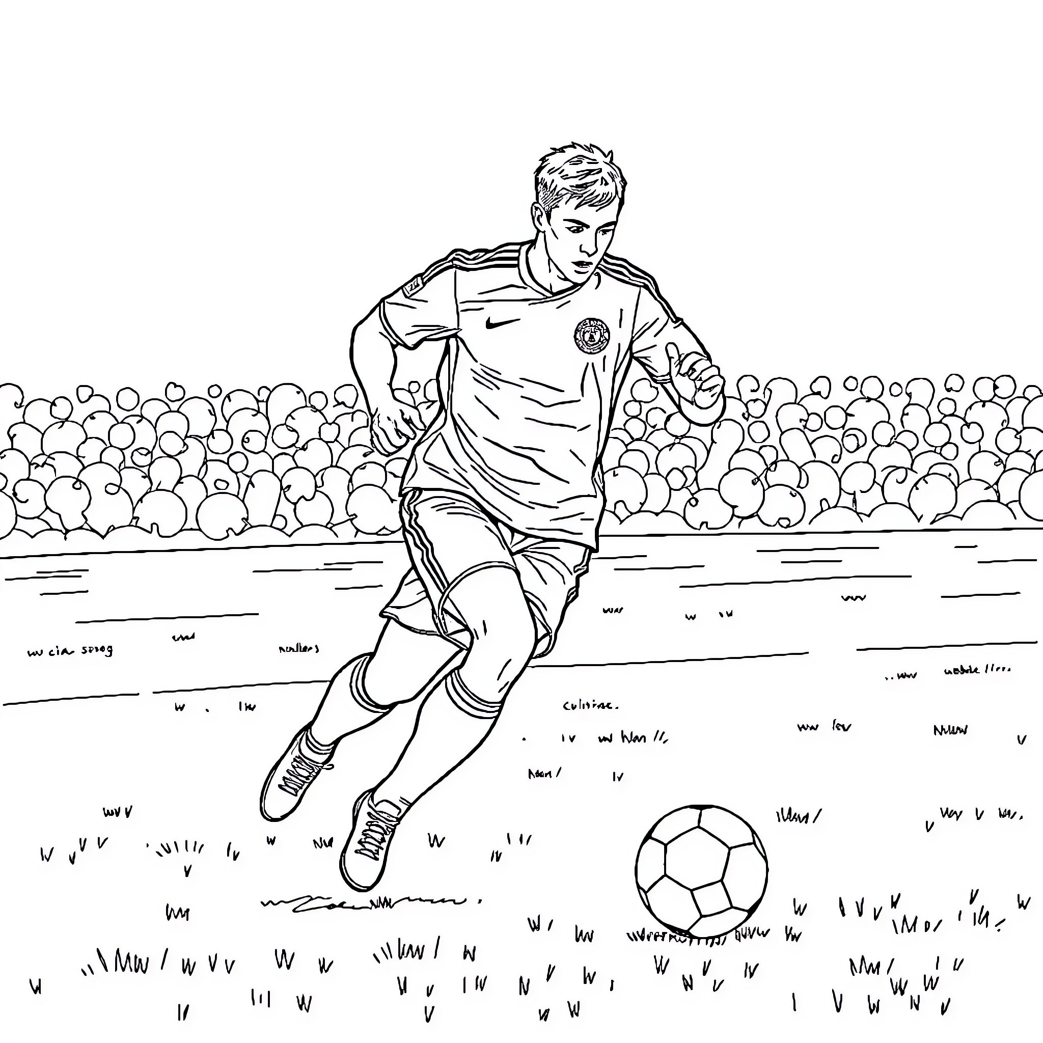 Footballeur running with ball on the field Coloring Page (free black-and-white line drawing printable PDF for all, from beginners to advanced learners, including children, teens, adults, and seniors)