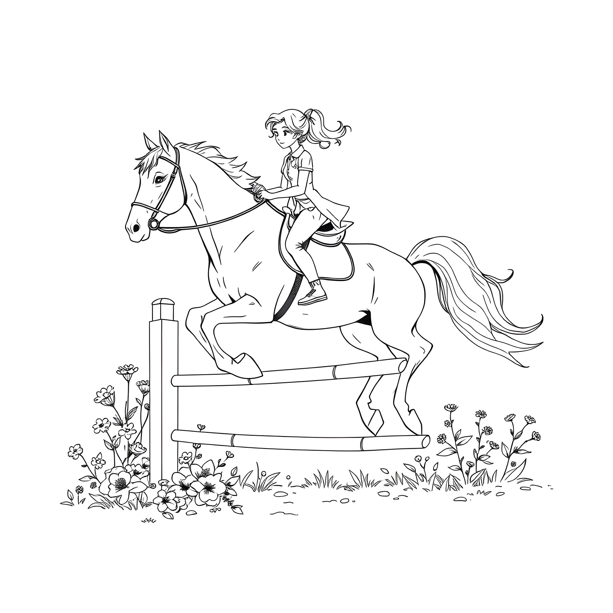 Pony Rider Jumping Over Fence in Field Coloring Page (free black-and-white line drawing printable PDF for all, from beginners to advanced learners, including children, teens, adults, and seniors)
