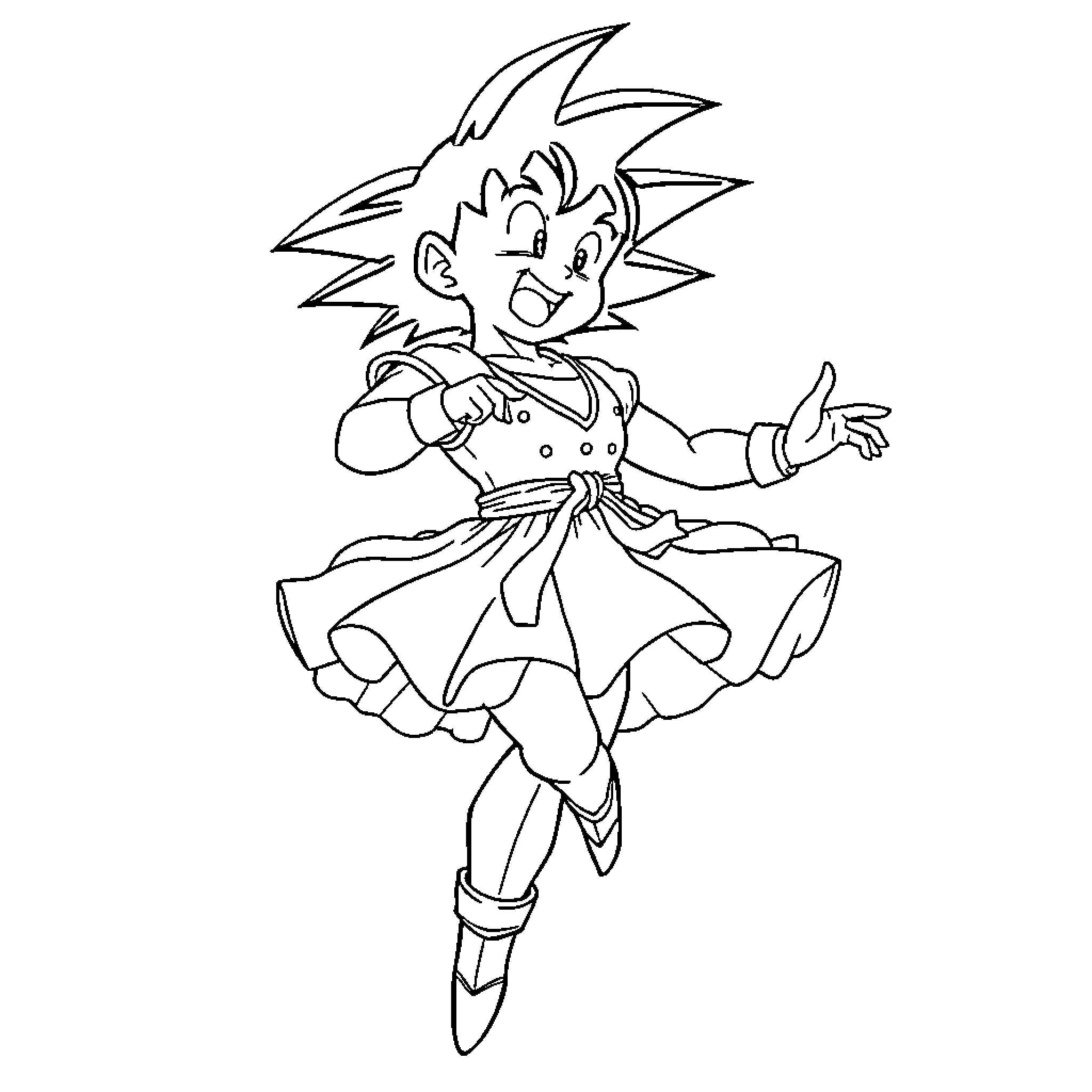 Son Goku dancing joyfully in a flared outfit Coloring Page (free black-and-white line drawing printable PDF for all, from beginners to advanced learners, including children, teens, adults, and seniors)