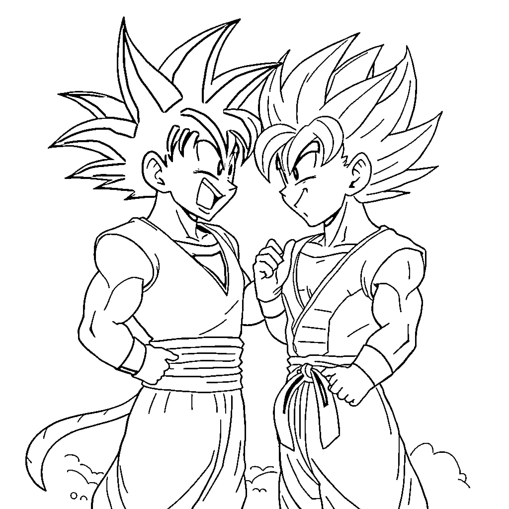 Songoku Characters in Intense Anime Poses Coloring Page (free black-and-white line drawing printable PDF for all, from beginners to advanced learners, including children, teens, adults, and seniors)