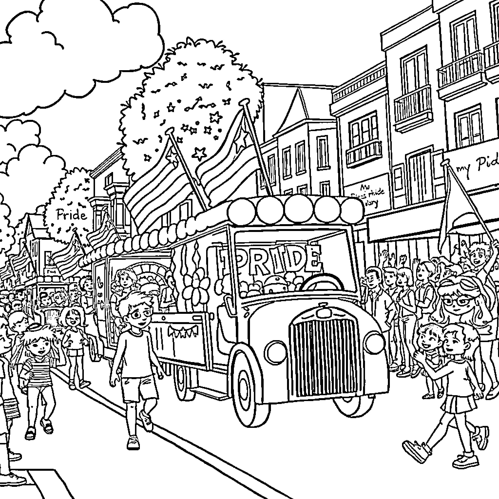 Pride parade through festive city streets Coloring Page (free black-and-white line drawing printable PDF for all, from beginners to advanced learners, including children, teens, adults, and seniors)