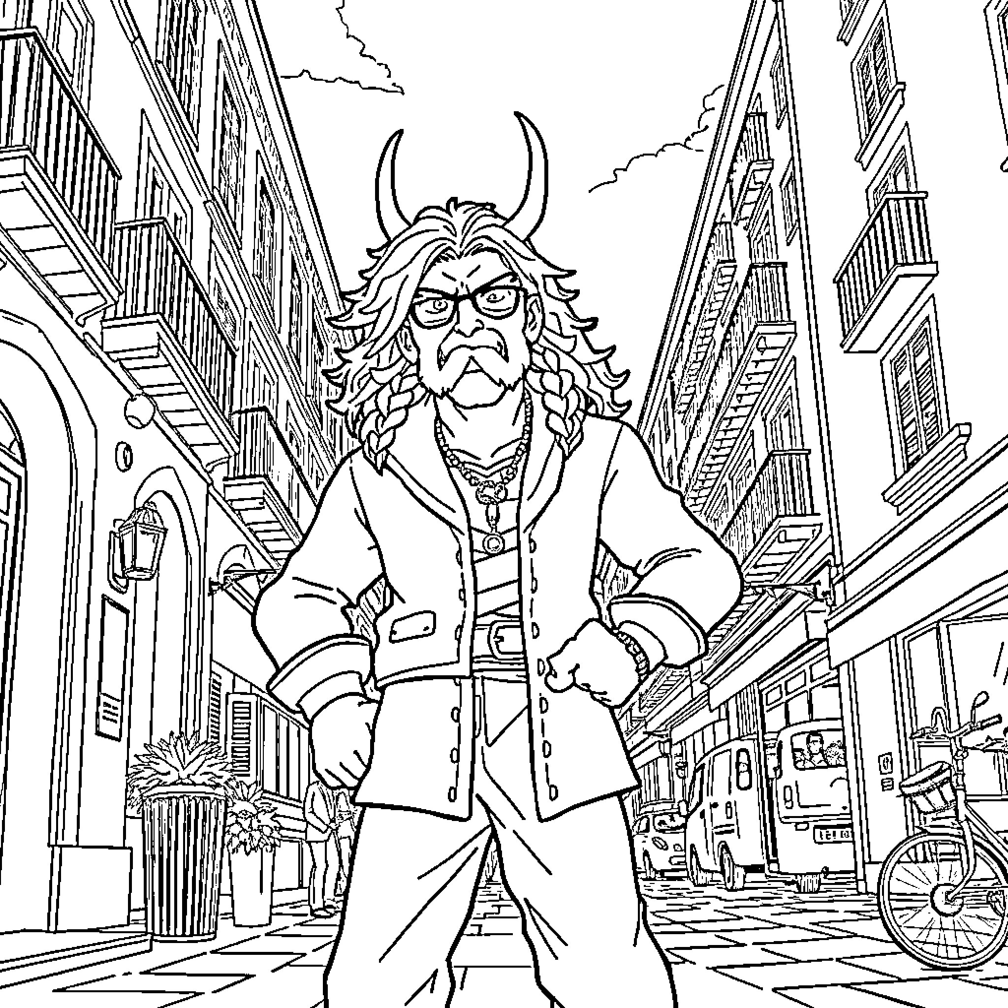 Douma scene with stern-looking man in city street Coloring Page (free black-and-white line drawing printable PDF for all, from beginners to advanced learners, including children, teens, adults, and seniors)