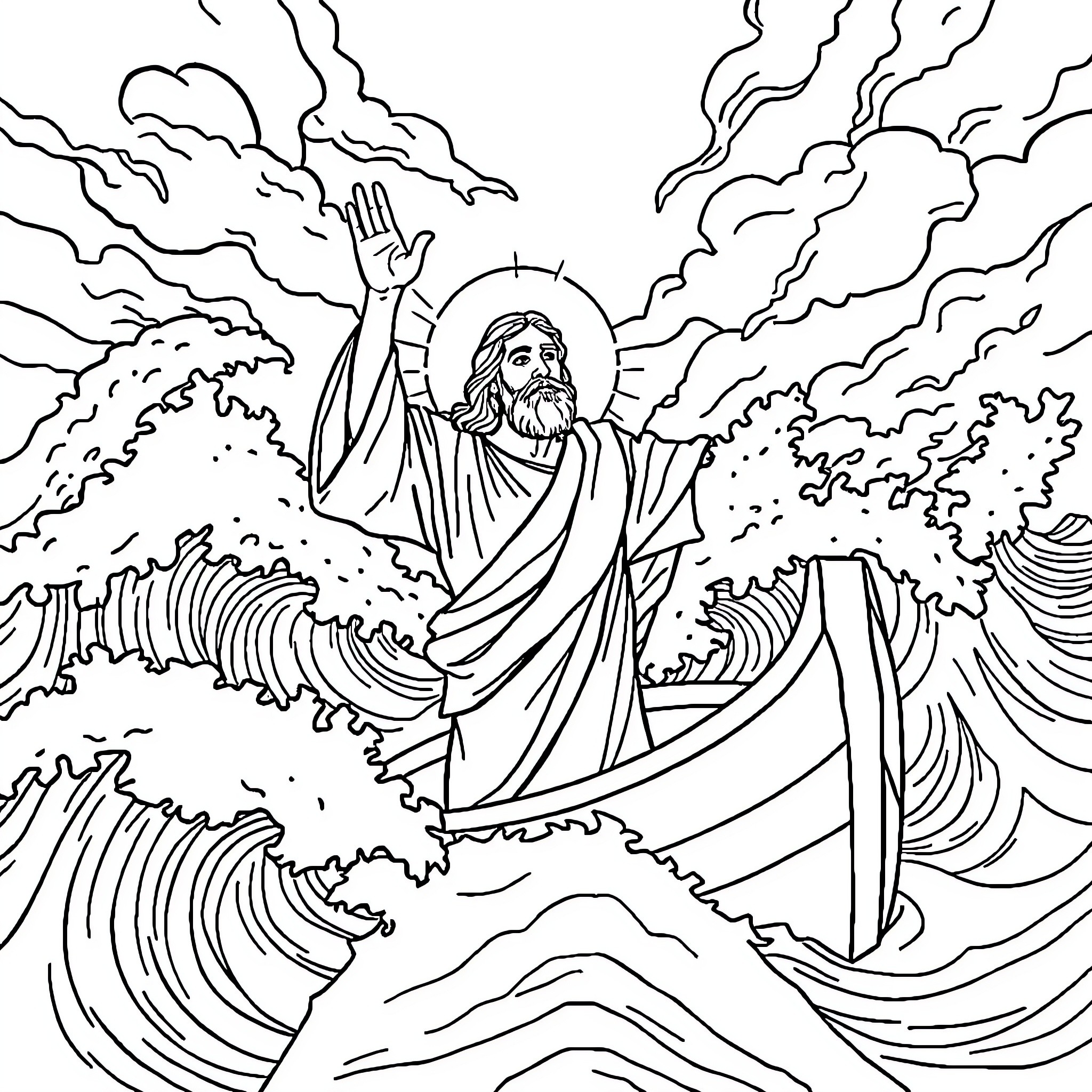 Jesus calming the stormy seas Coloring Page (free black-and-white line drawing printable PDF for all, from beginners to advanced learners, including children, teens, adults, and seniors)