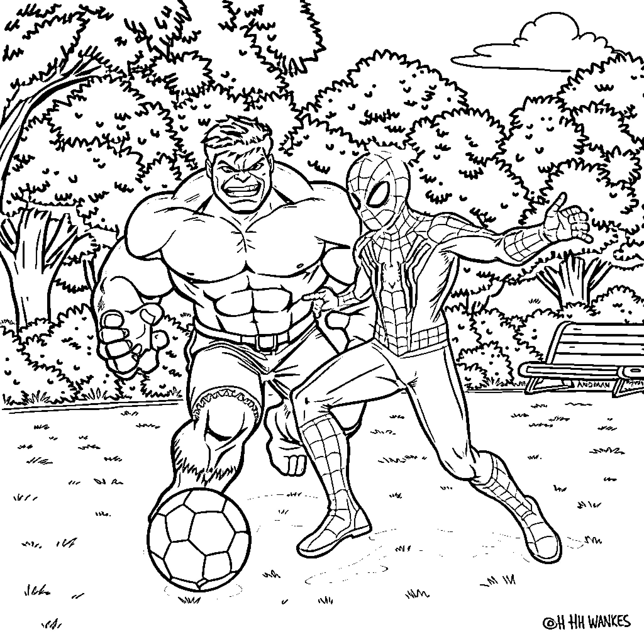 Spiderman and Hulk playing soccer in the park Coloring Page (free black-and-white line drawing printable PDF for all, from beginners to advanced learners, including children, teens, adults, and seniors)