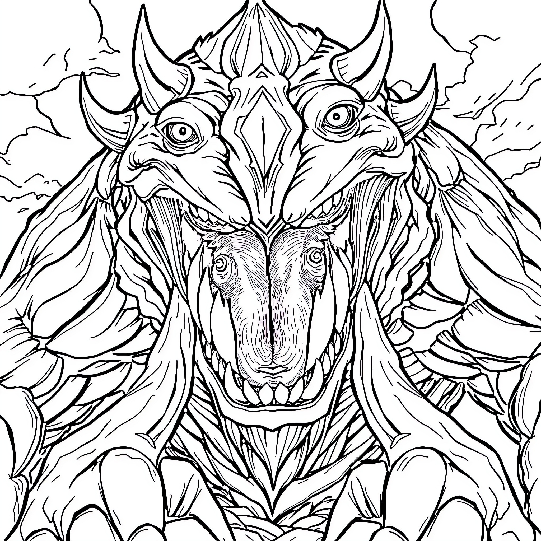Monster with Fearsome Expression and Intricate Details Coloring Page (free black-and-white line drawing printable PDF for all, from beginners to advanced learners, including children, teens, adults, and seniors)