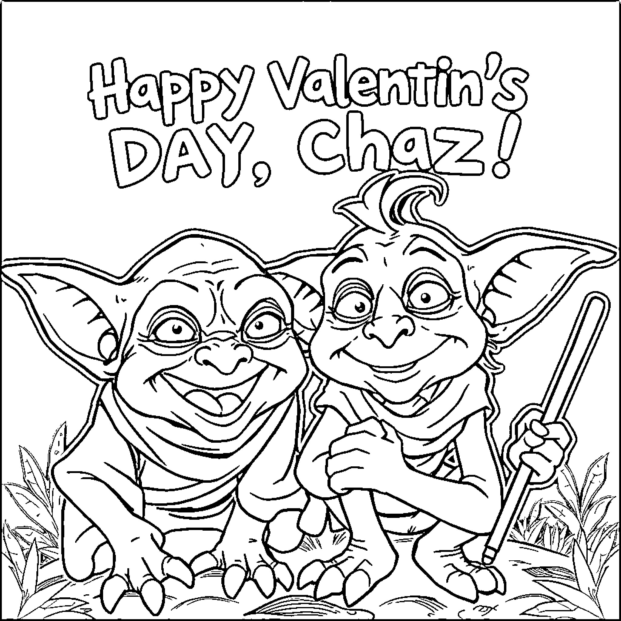 Gollum creatures celebrating Valentine's Day Coloring Page (free black-and-white line drawing printable PDF for all, from beginners to advanced learners, including children, teens, adults, and seniors)