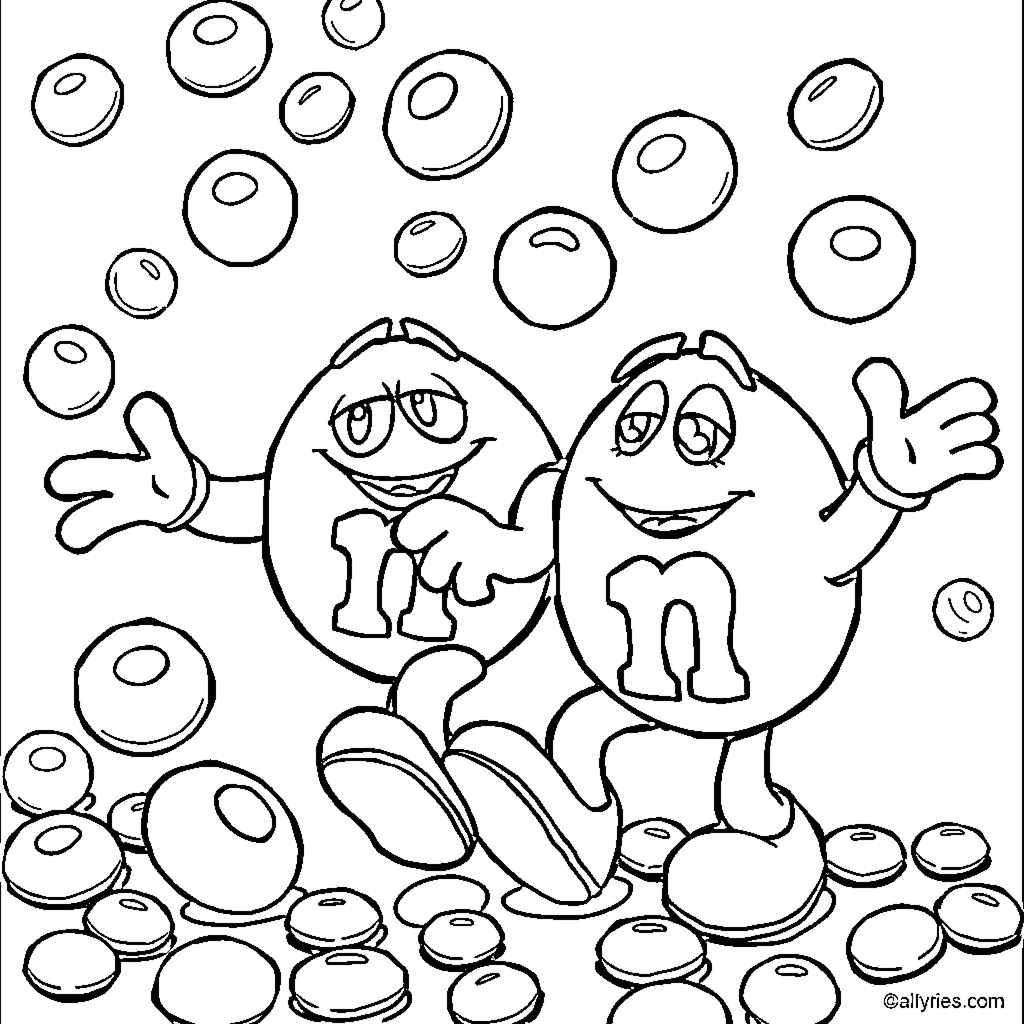 M&m Characters Surrounded by Bubbles Coloring Page (free black-and-white line drawing printable PDF for all, from beginners to advanced learners, including children, teens, adults, and seniors)