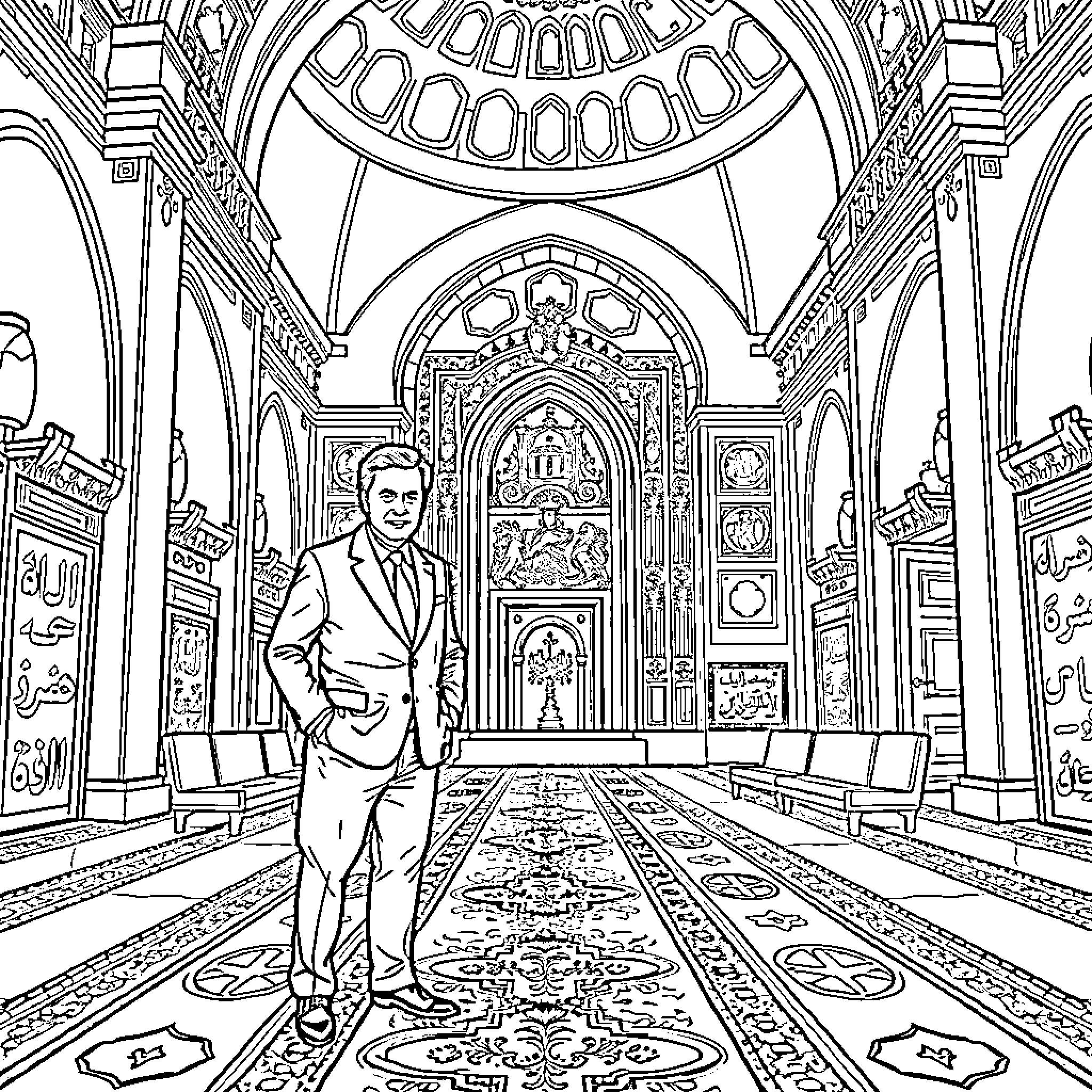Prime Minister Addressing Audience in Ornate Palace Coloring Page (free black-and-white line drawing printable PDF for all, from beginners to advanced learners, including children, teens, adults, and seniors)