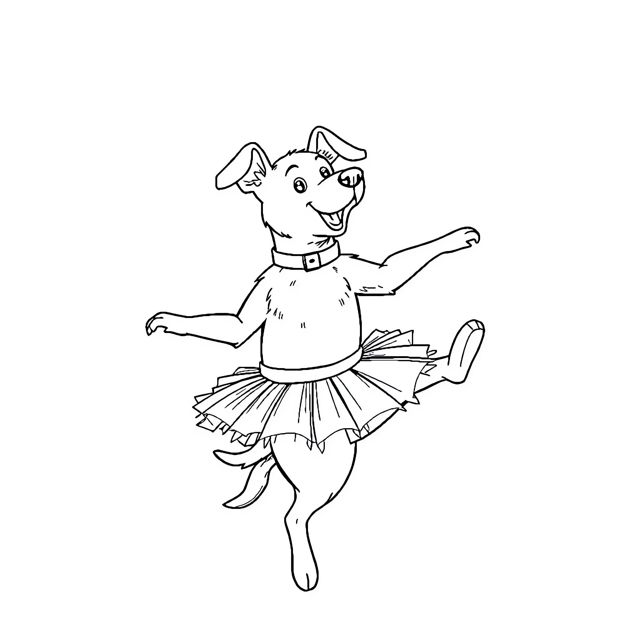 Dog dressed up and dancing happily Coloring Page (free black-and-white line drawing printable PDF for all, from beginners to advanced learners, including children, teens, adults, and seniors)