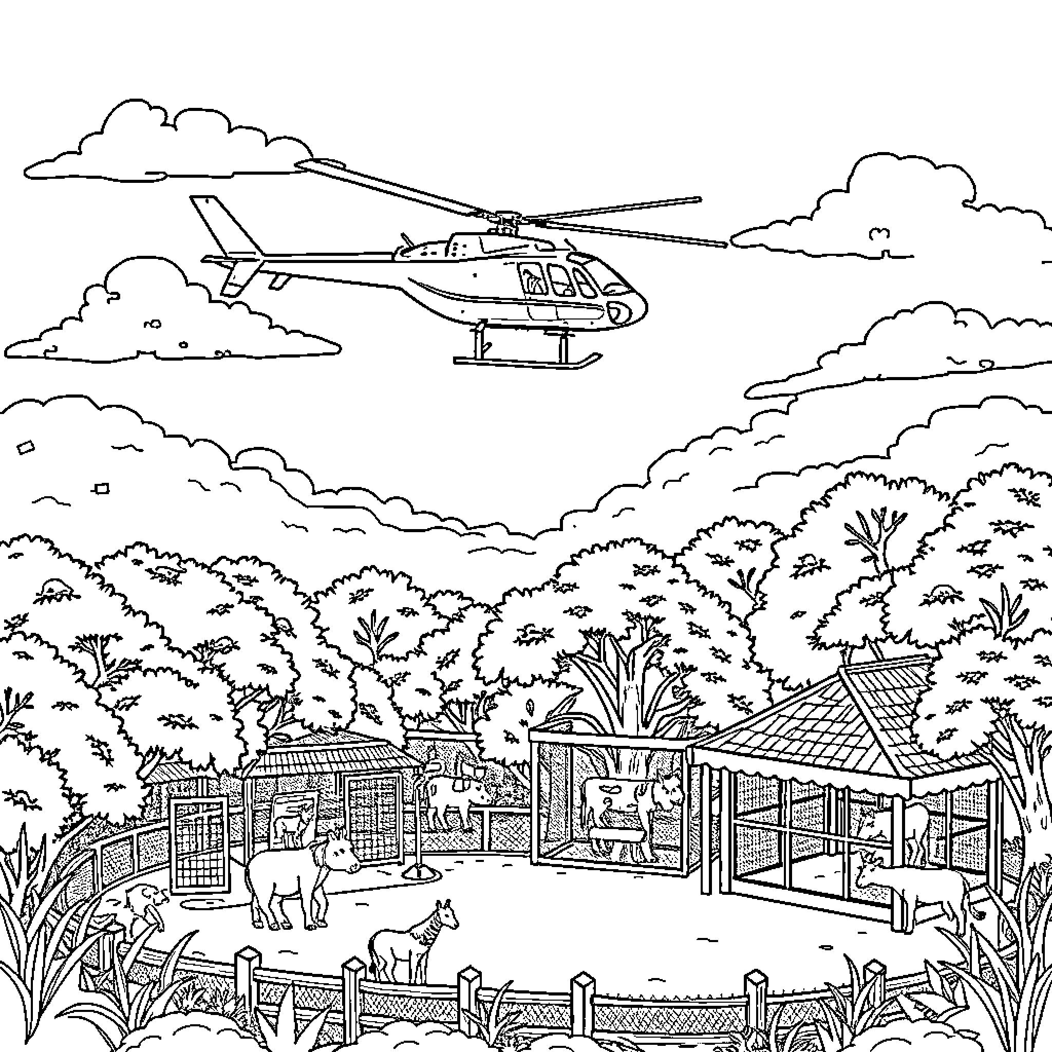 Helicopter flying over rural wildlife habitat Coloring Page (free black-and-white line drawing printable PDF for all, from beginners to advanced learners, including children, teens, adults, and seniors)