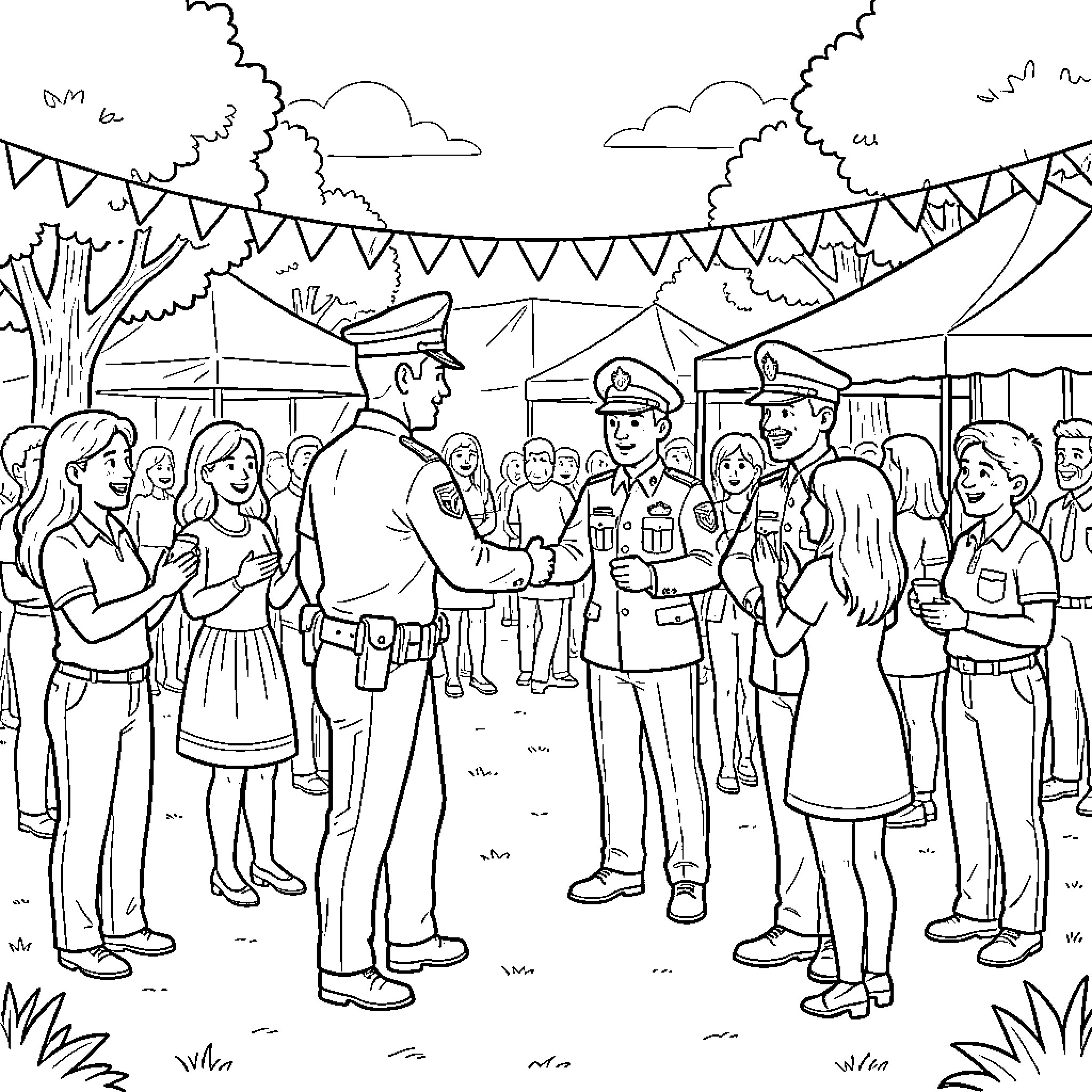 Gendarmerie officers greeting people at an outdoor event Coloring Page (free black-and-white line drawing printable PDF for all, from beginners to advanced learners, including children, teens, adults, and seniors)