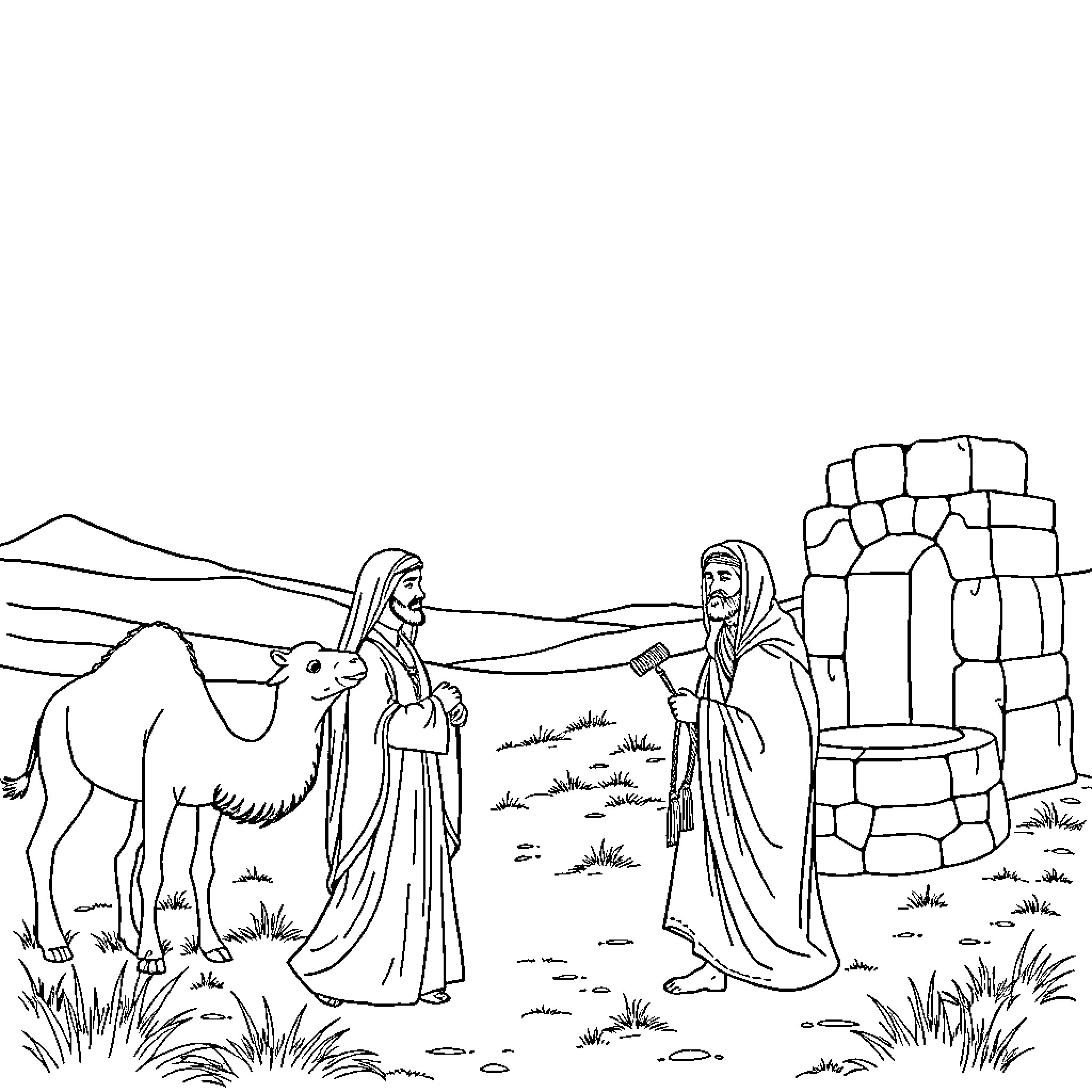 Isaac's Encounter with a Camel in the Desert Coloring Page (free black-and-white line drawing printable PDF for all, from beginners to advanced learners, including children, teens, adults, and seniors)