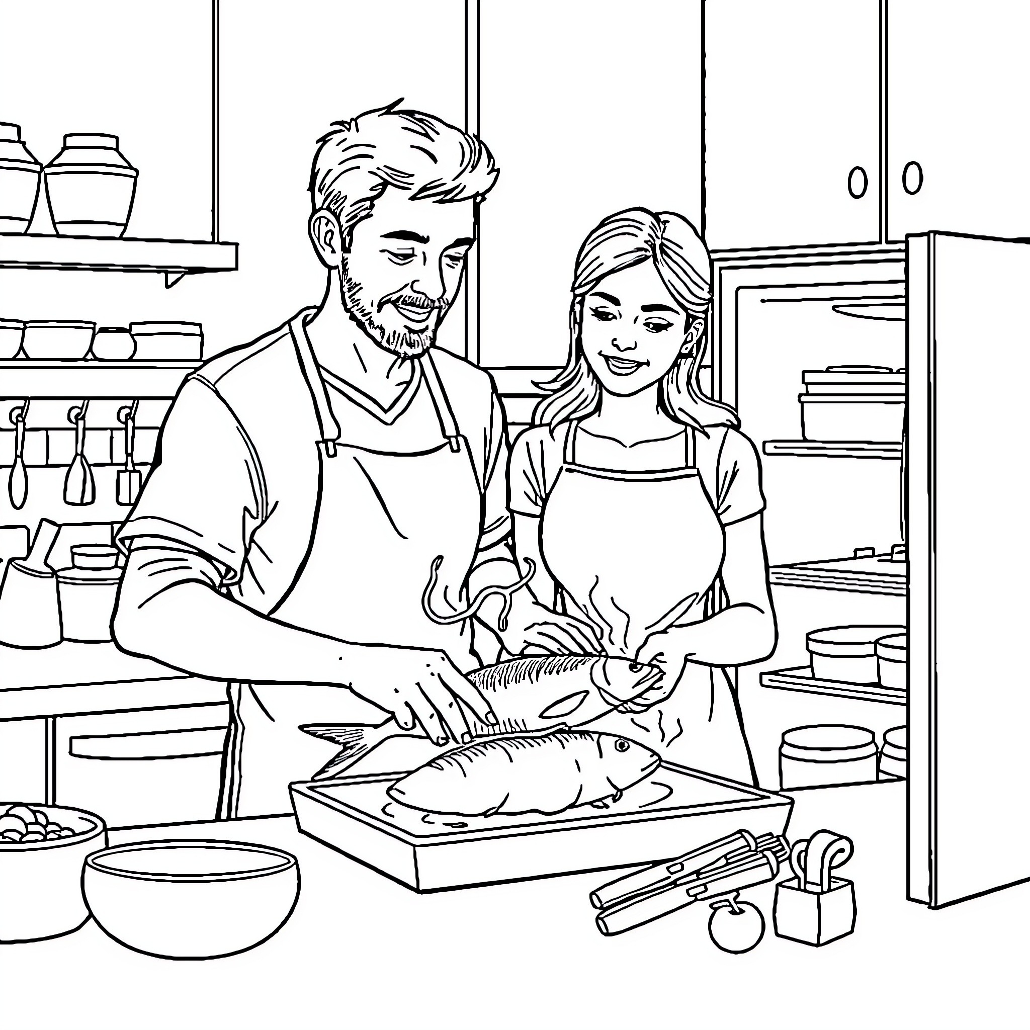 Man and Woman Preparing a Meal Together in the Kitchen Coloring Page (free black-and-white line drawing printable PDF for all, from beginners to advanced learners, including children, teens, adults, and seniors)