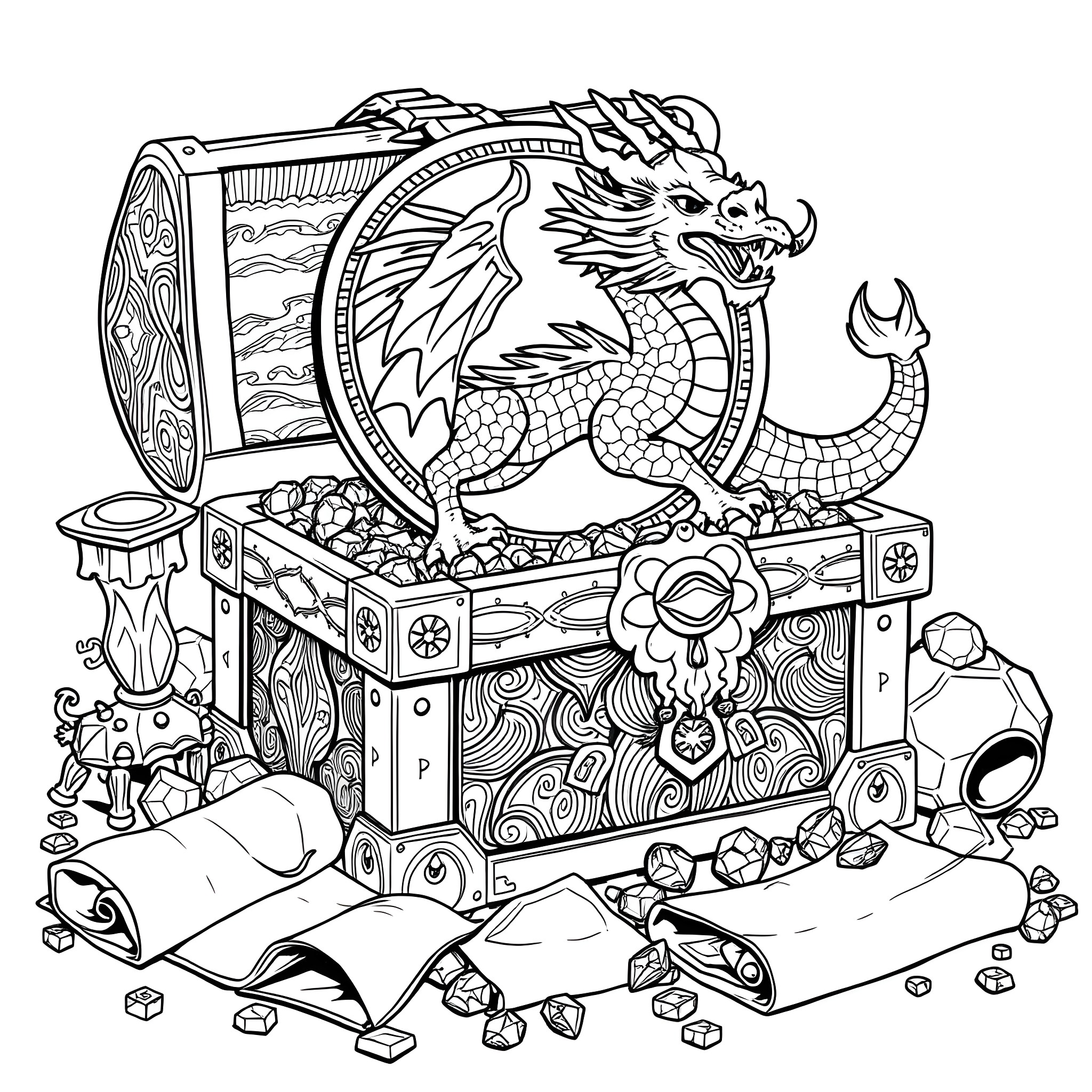 Dragon guarding a treasure chest of riches Coloring Page (free black-and-white line drawing printable PDF for all, from beginners to advanced learners, including children, teens, adults, and seniors)