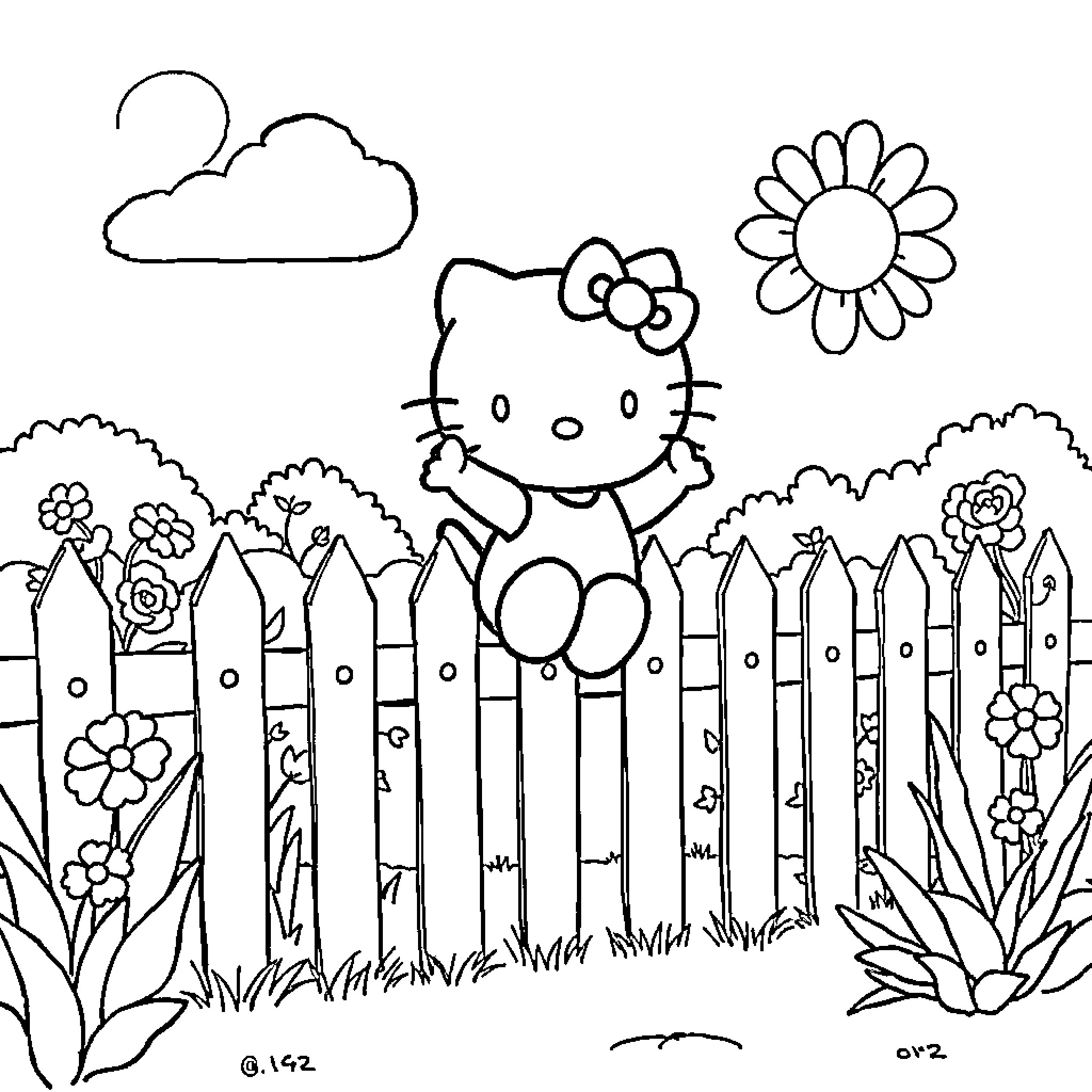 Hello Kitty playing in a garden scene Coloring Page (free black-and-white line drawing printable PDF for all, from beginners to advanced learners, including children, teens, adults, and seniors)